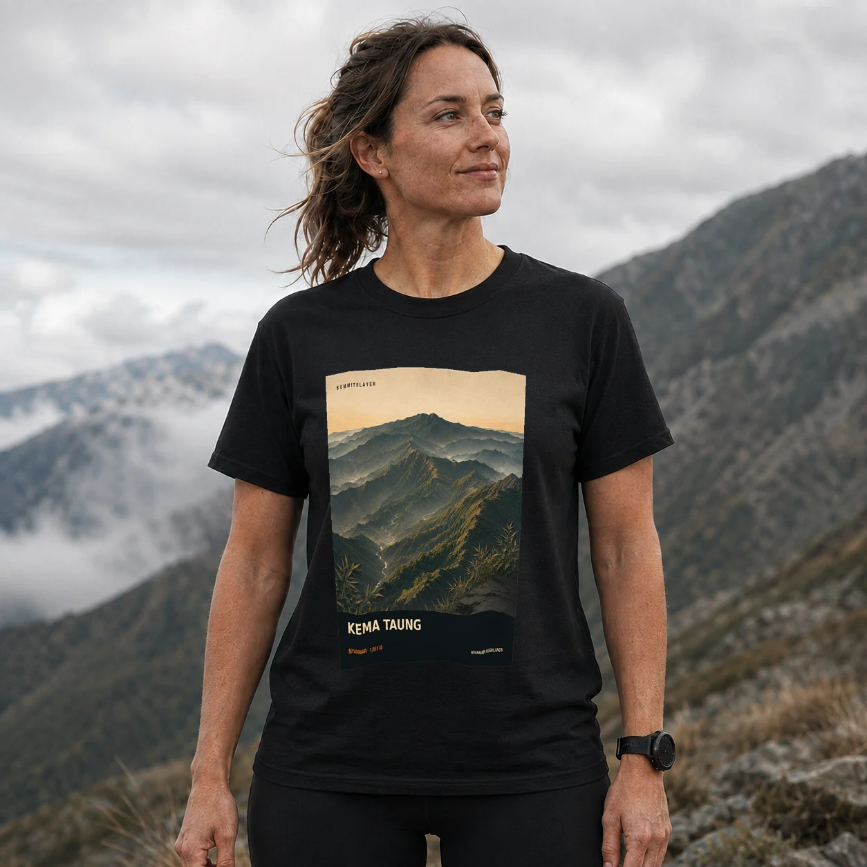Black Kema Taung T-shirt front with mountain artwork