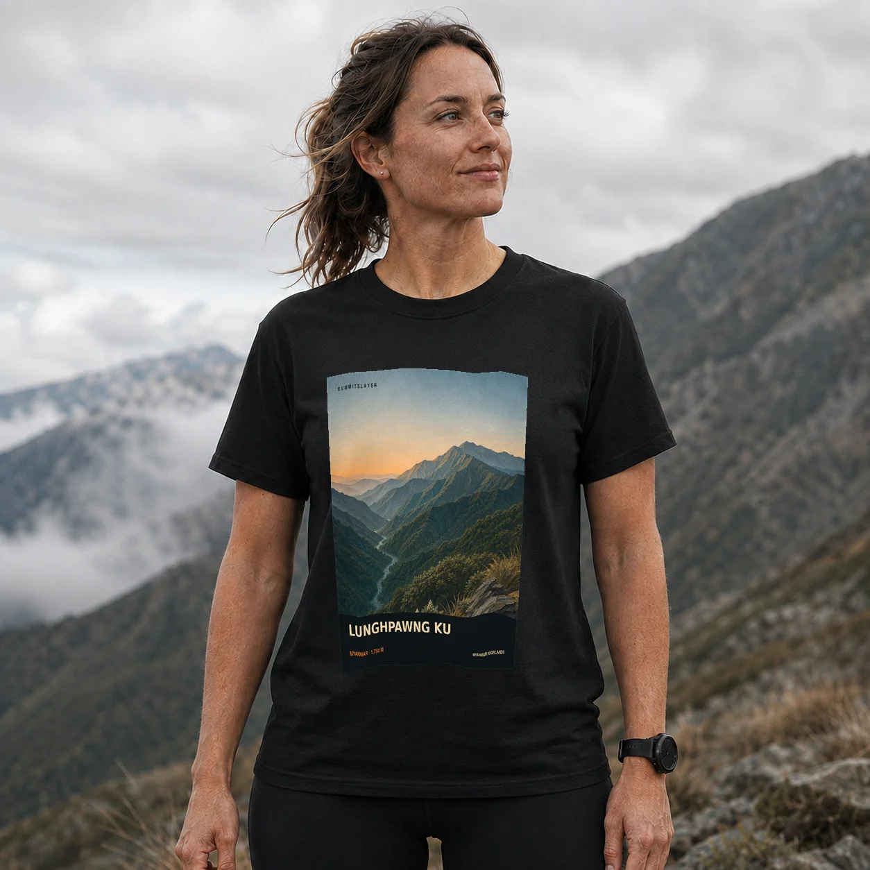 Black Lunghpawng Ku T-shirt front with mountain artwork