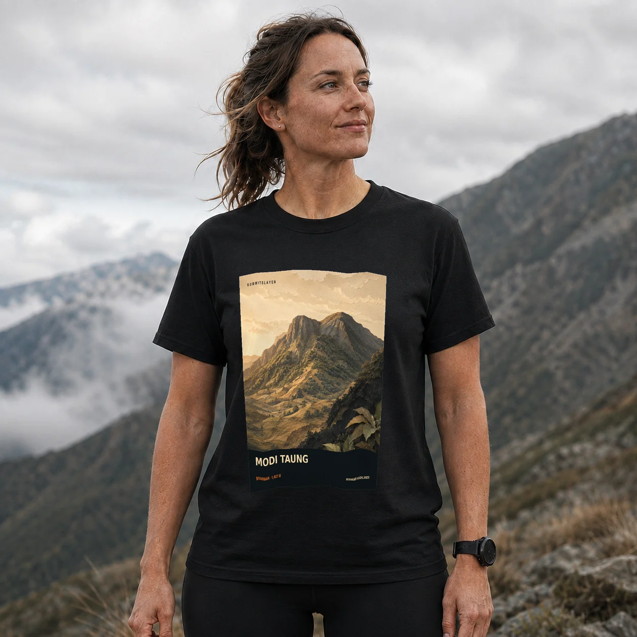 Black Modi Taung T-shirt front with mountain artwork