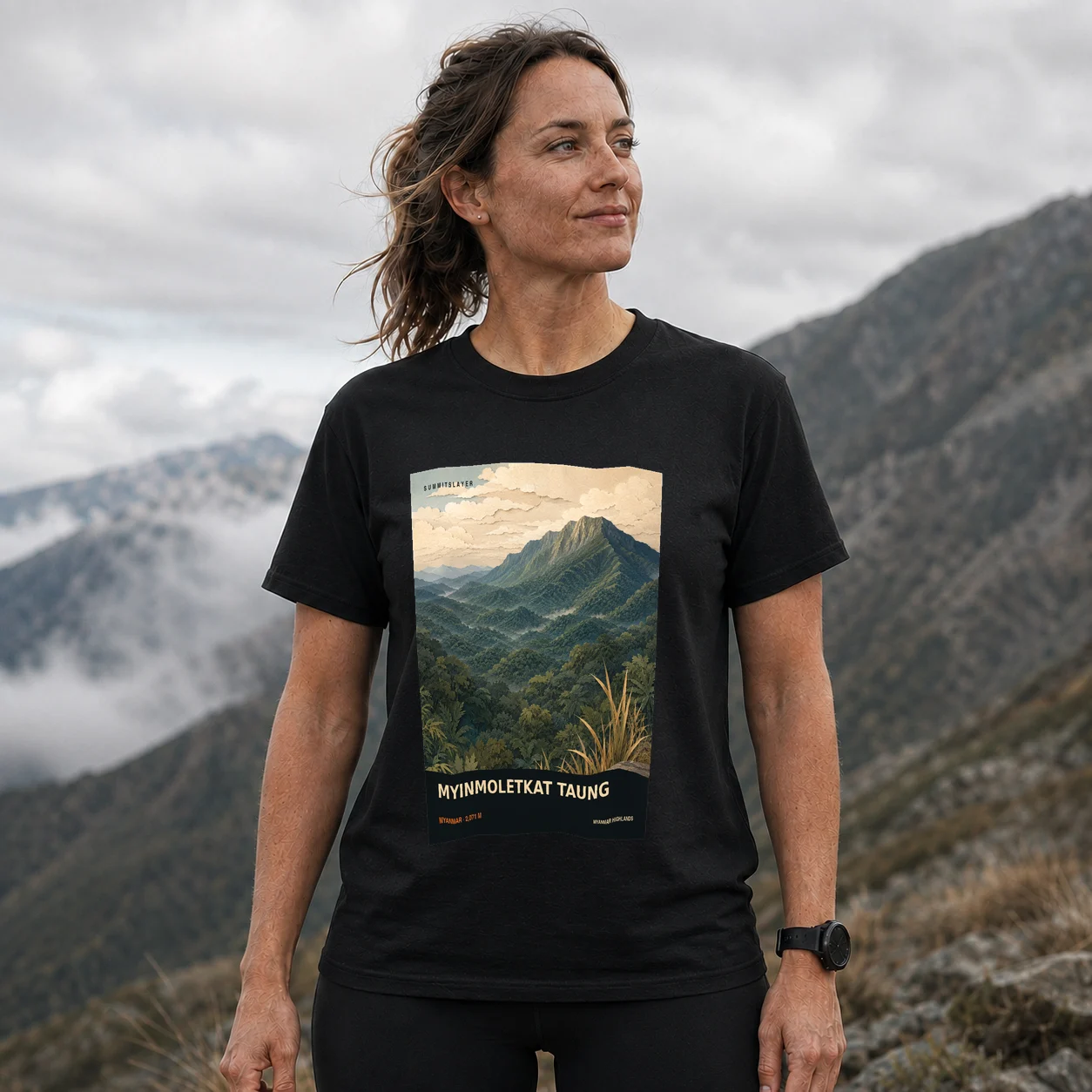 Black Myinmoletkat Taung T-shirt front with mountain artwork