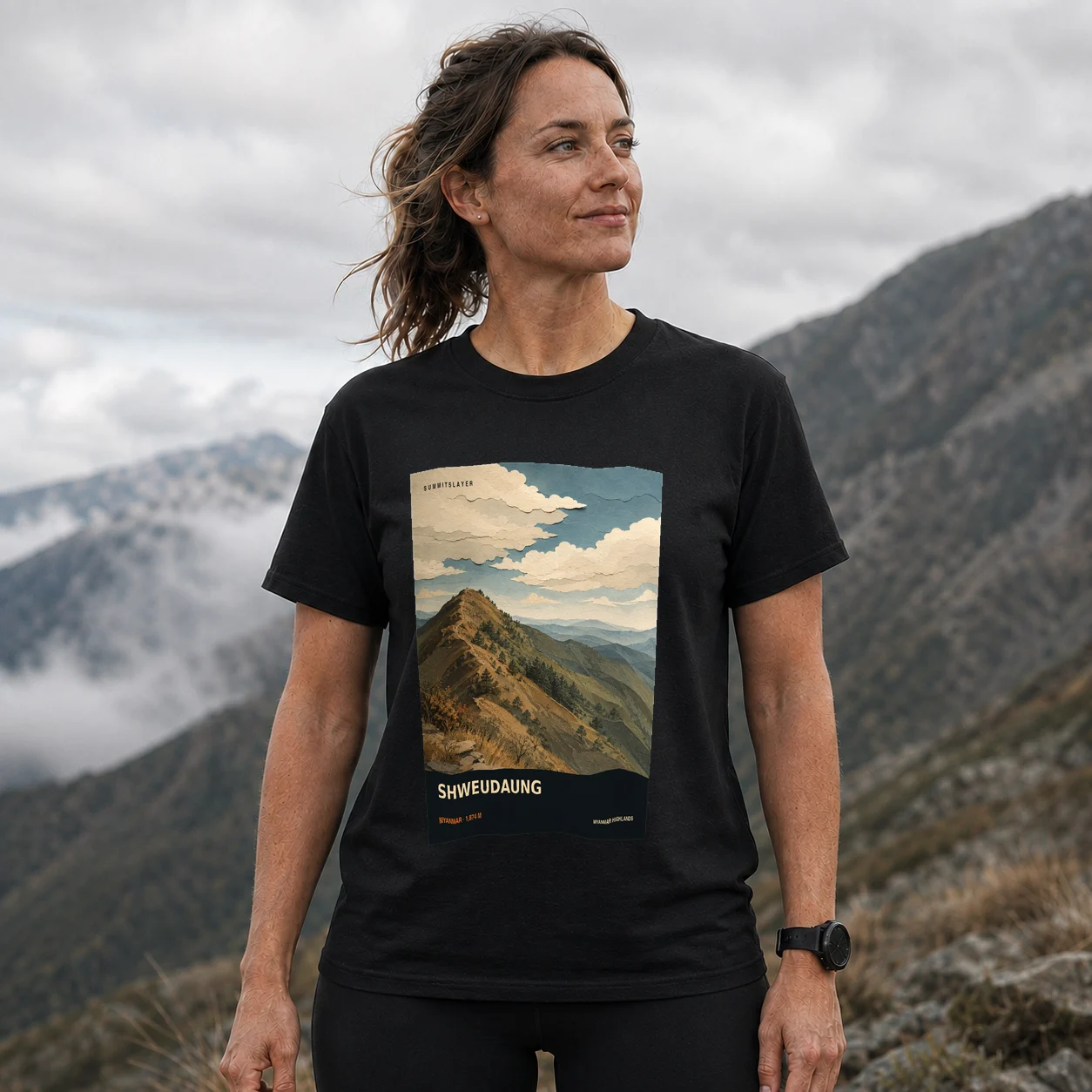 Black Shweudaung T-shirt front with mountain artwork
