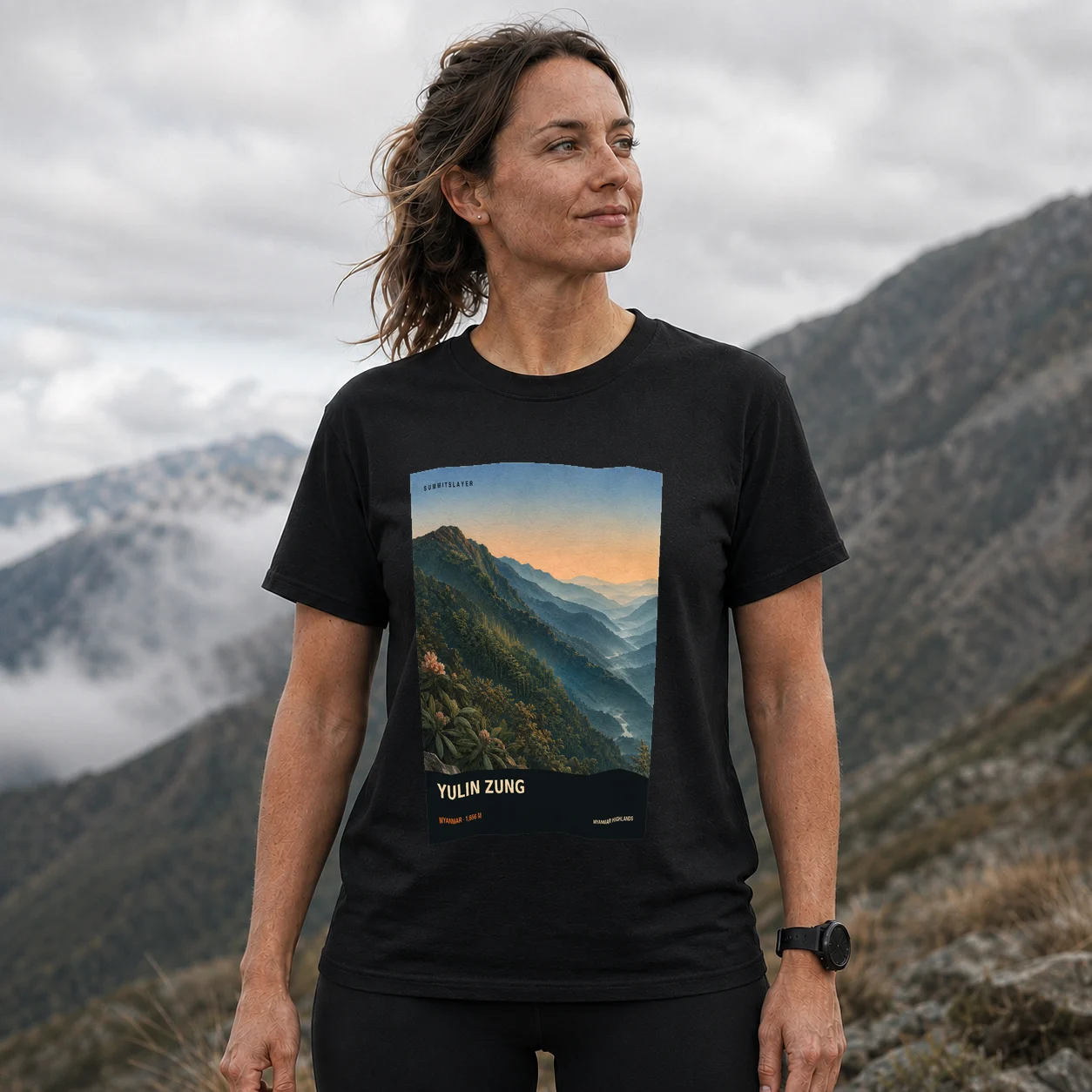 Black Yulin Zung T-shirt front with mountain artwork
