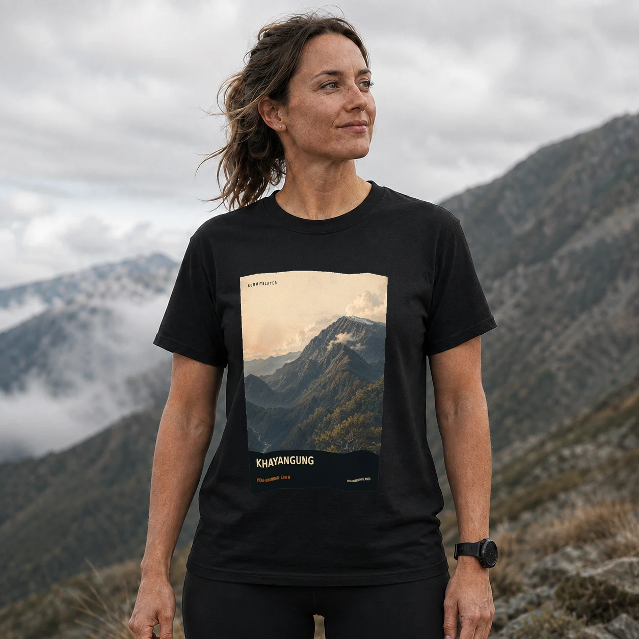 Black KHAYANGUNG T-shirt front with mountain artwork