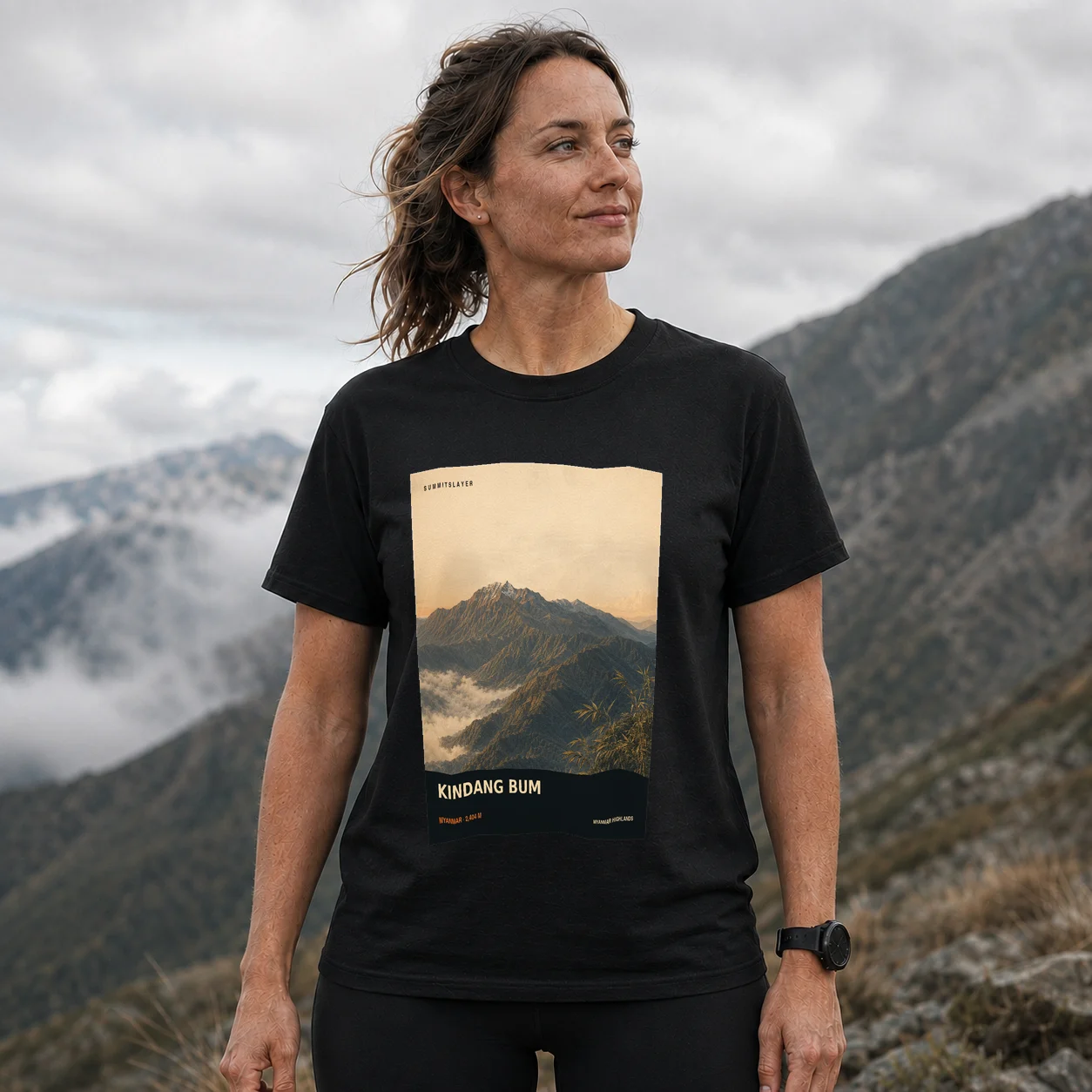 Black KINDANG BUM T-shirt front with mountain artwork