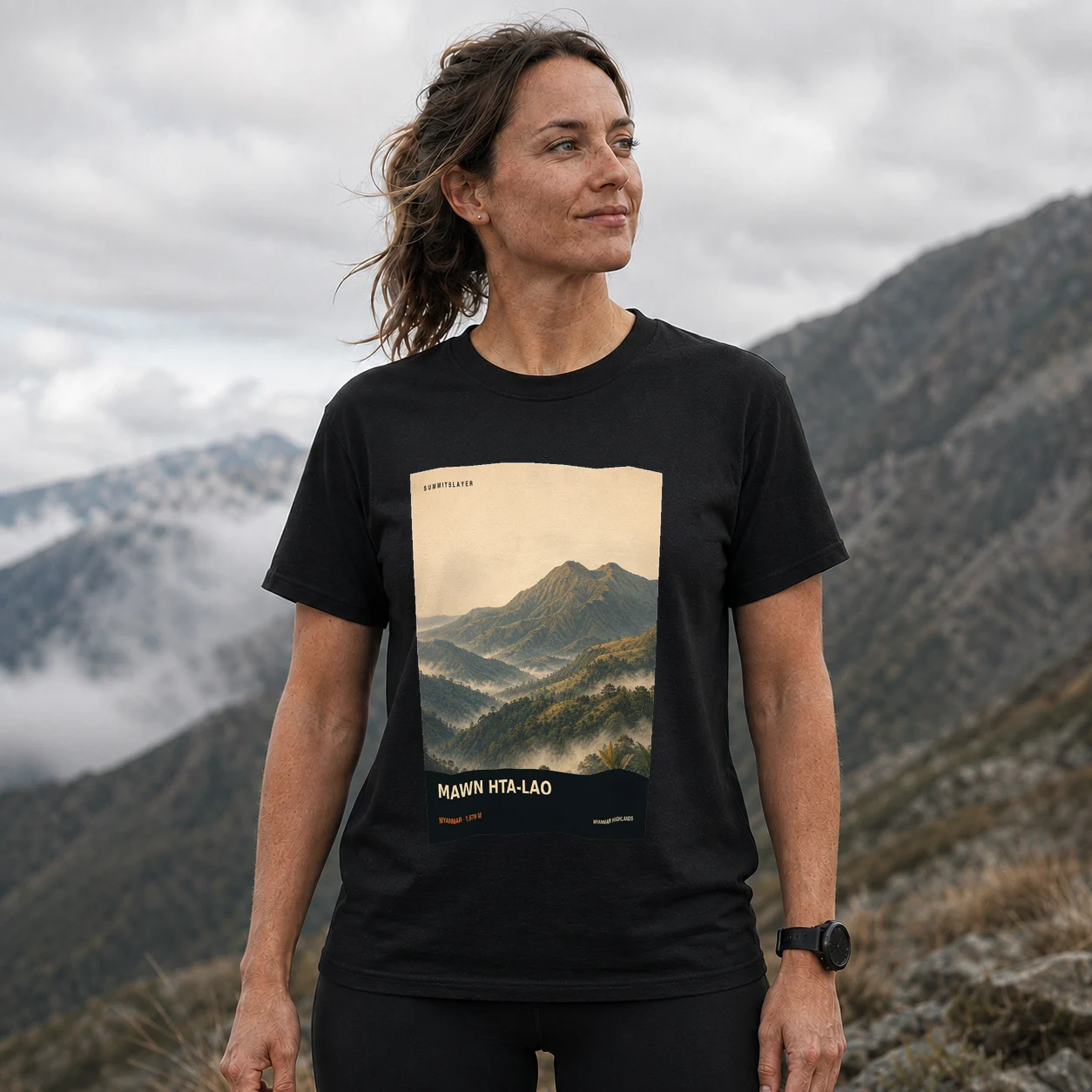 Black Mawn Hta-lao T-shirt front with mountain artwork