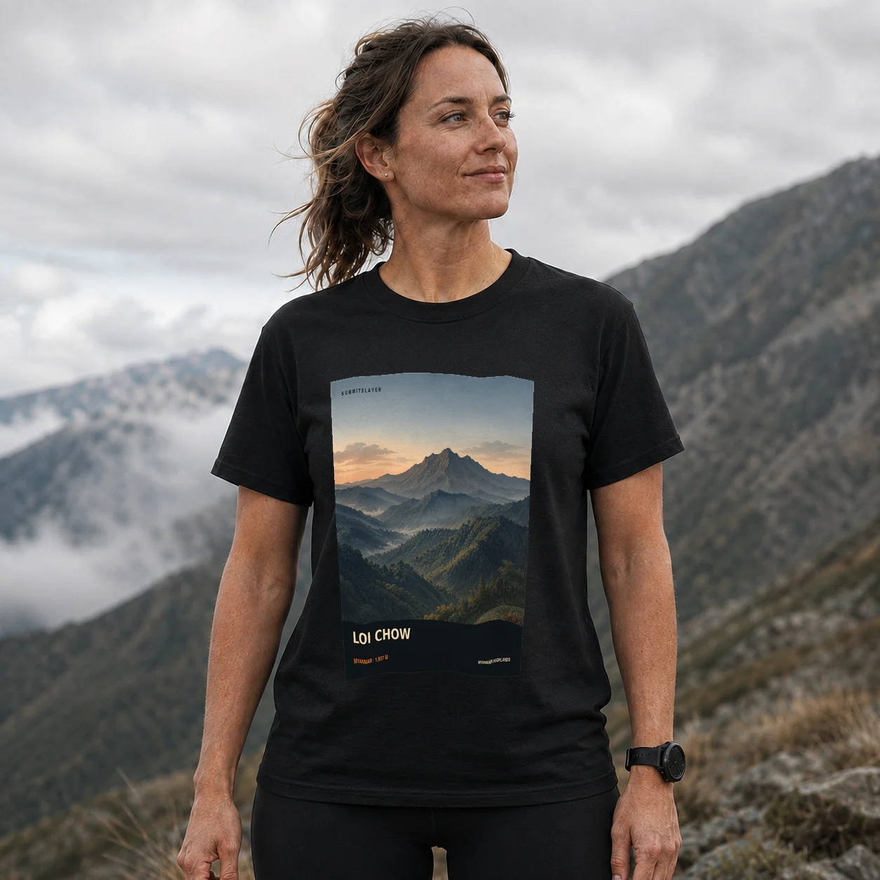 Black Loi Chow T-shirt front with mountain artwork