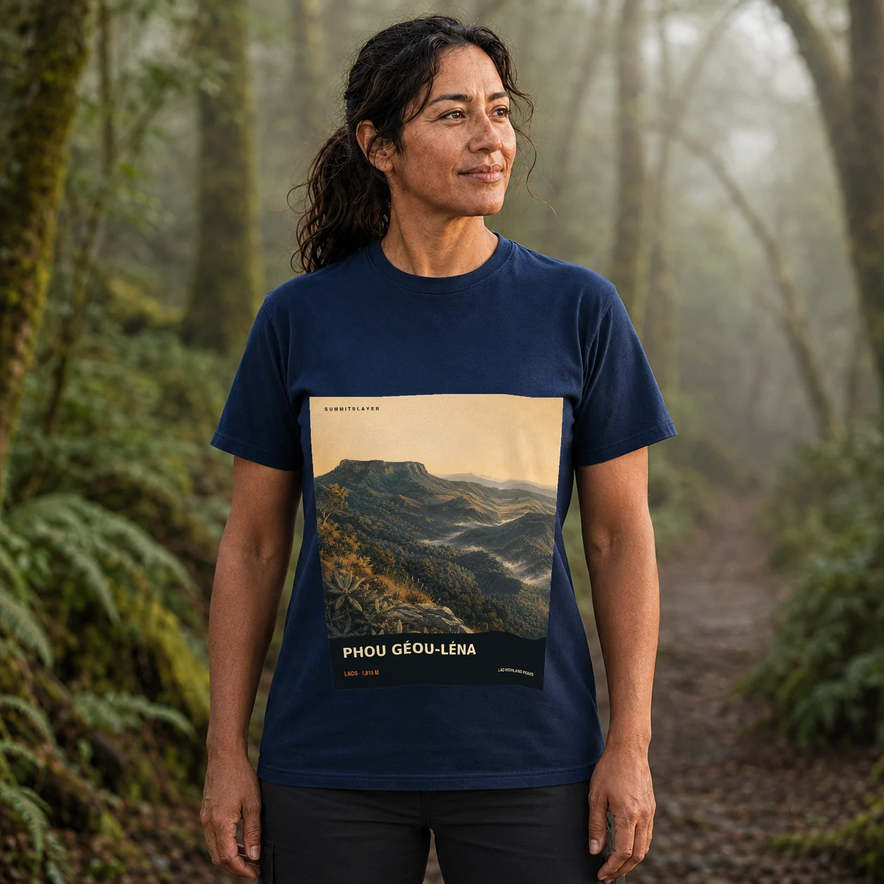 Navy Phou Géou-Léna T-shirt front with mountain artwork