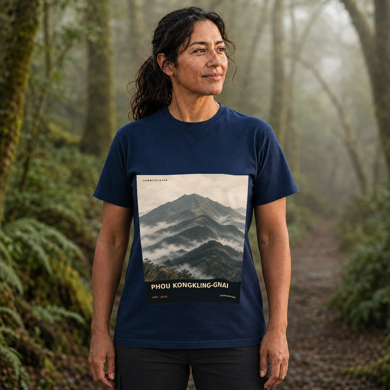 Navy Phou Kongkling-Gnai T-shirt front with mountain artwork
