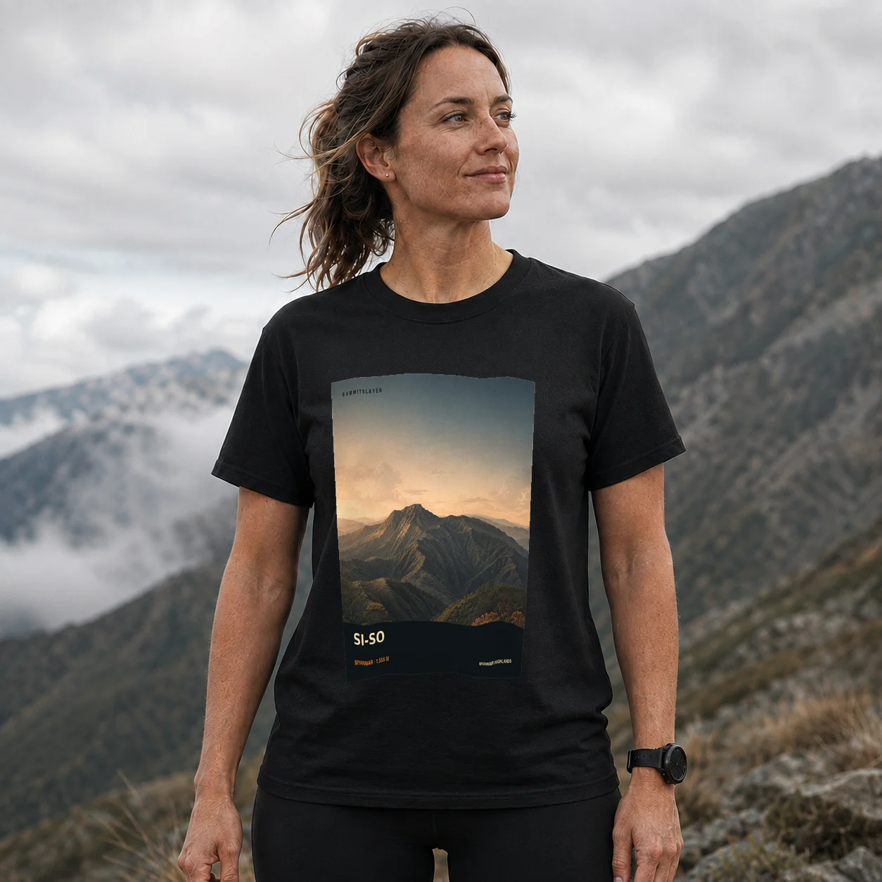 Black SI-SO T-shirt front with mountain artwork