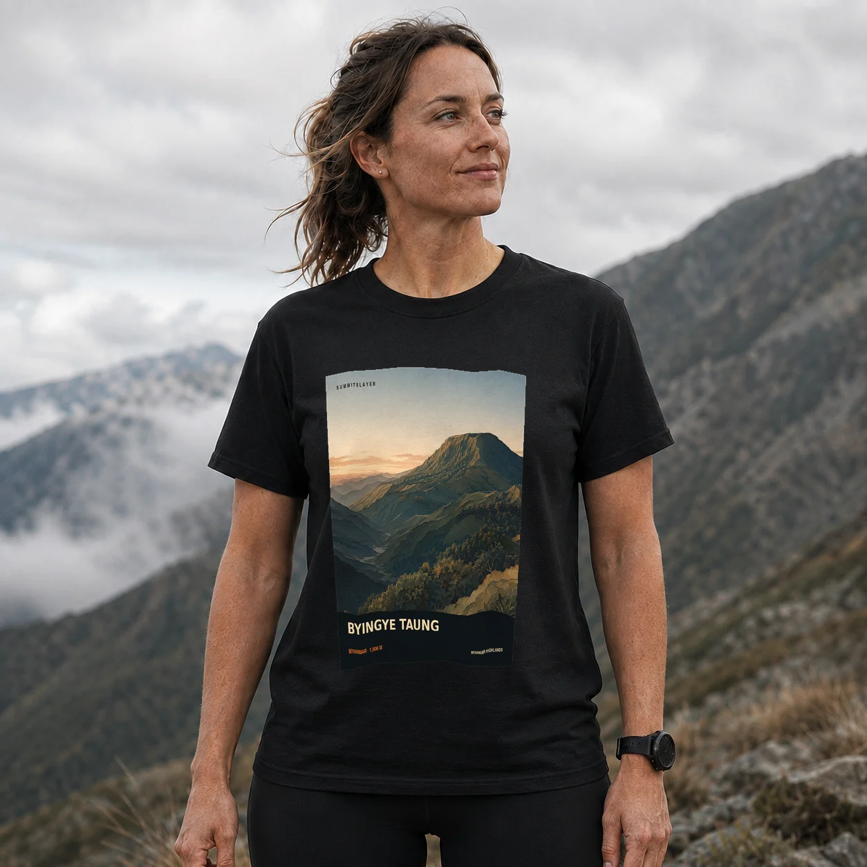 Black Byingye Taung T-shirt front with mountain artwork