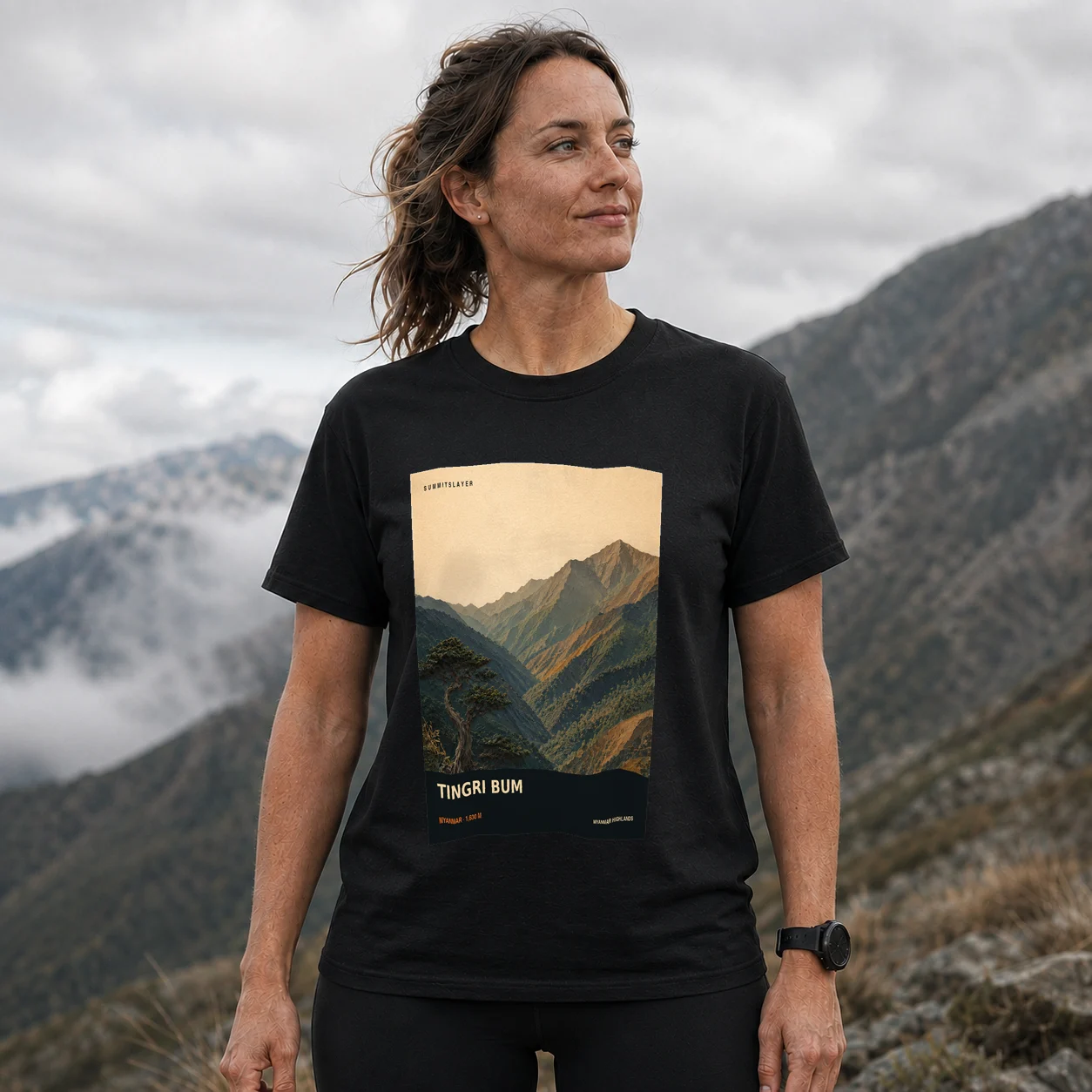 Black Tingri Bum T-shirt front with mountain artwork