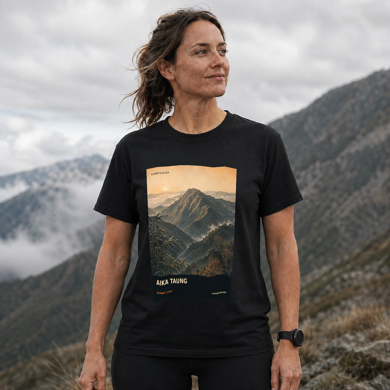 Black AIKA TAUNG T-shirt front with mountain artwork