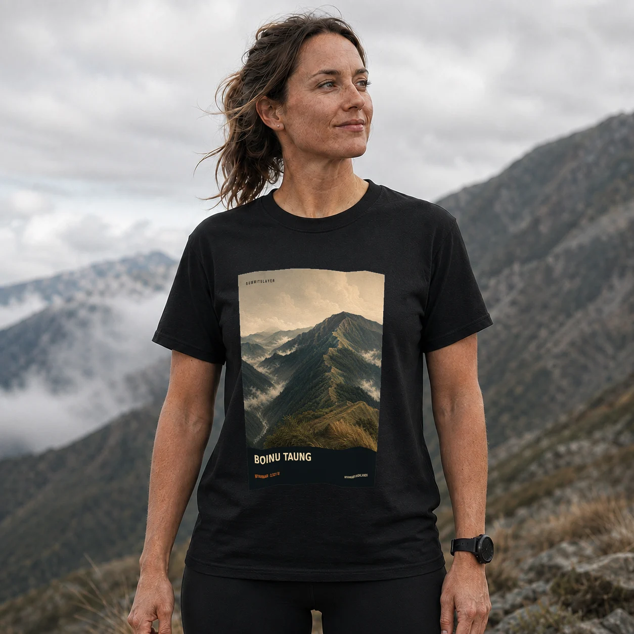 Black BOINU TAUNG T-shirt front with mountain artwork