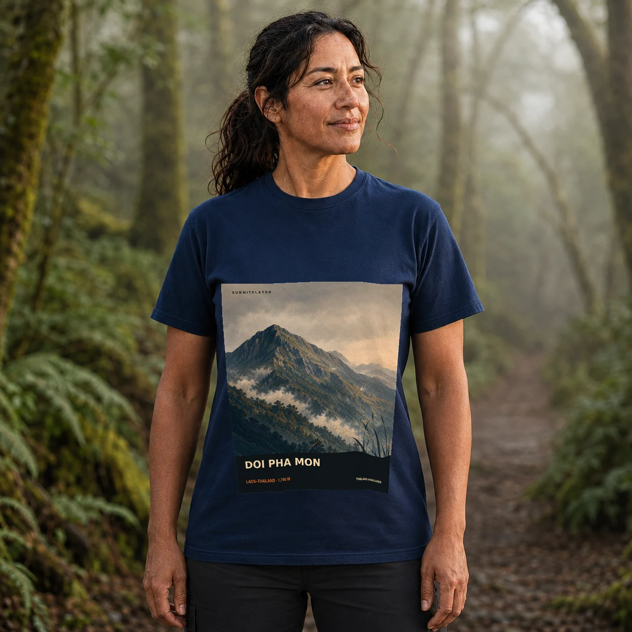 Navy Doi Pha Mon T-shirt front with mountain artwork