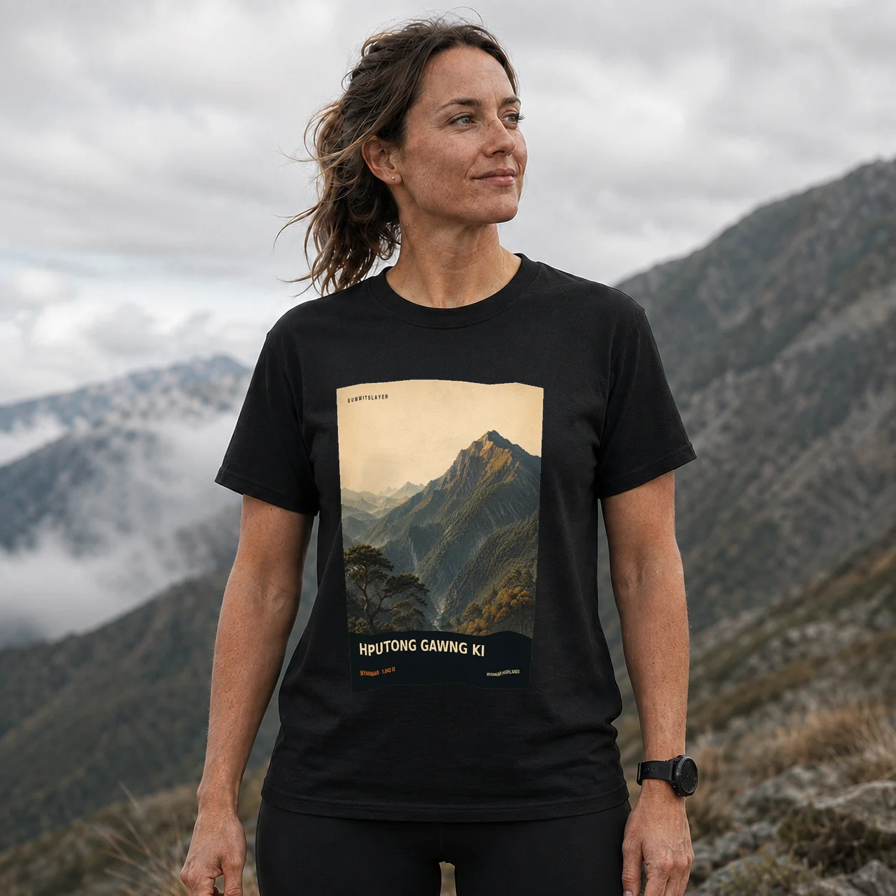 Black Hputong Gawng Ki T-shirt front with mountain artwork