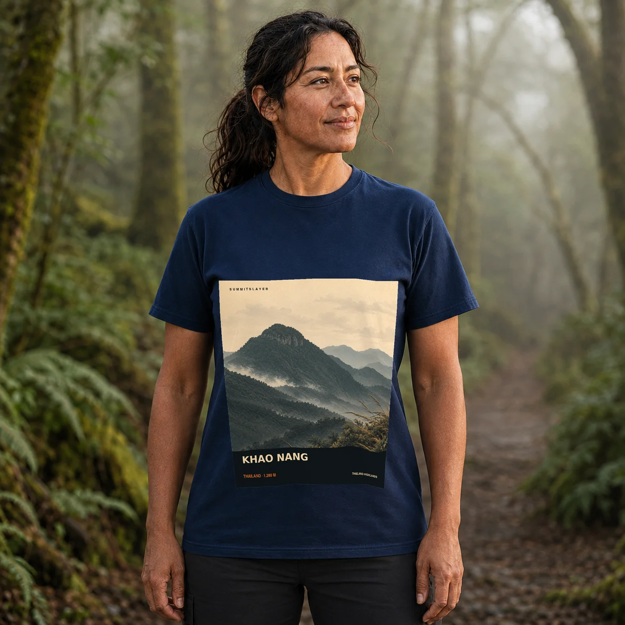Navy KHAO NANG T-shirt front with mountain artwork