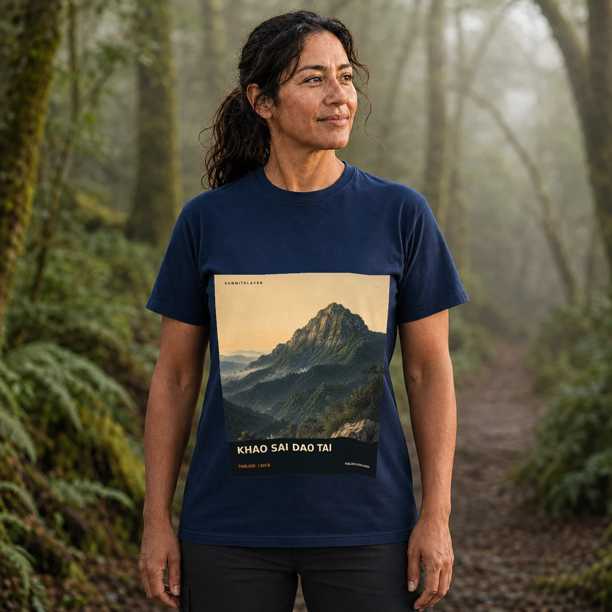 Navy KHAO SAI DAO TAI T-shirt front with mountain artwork