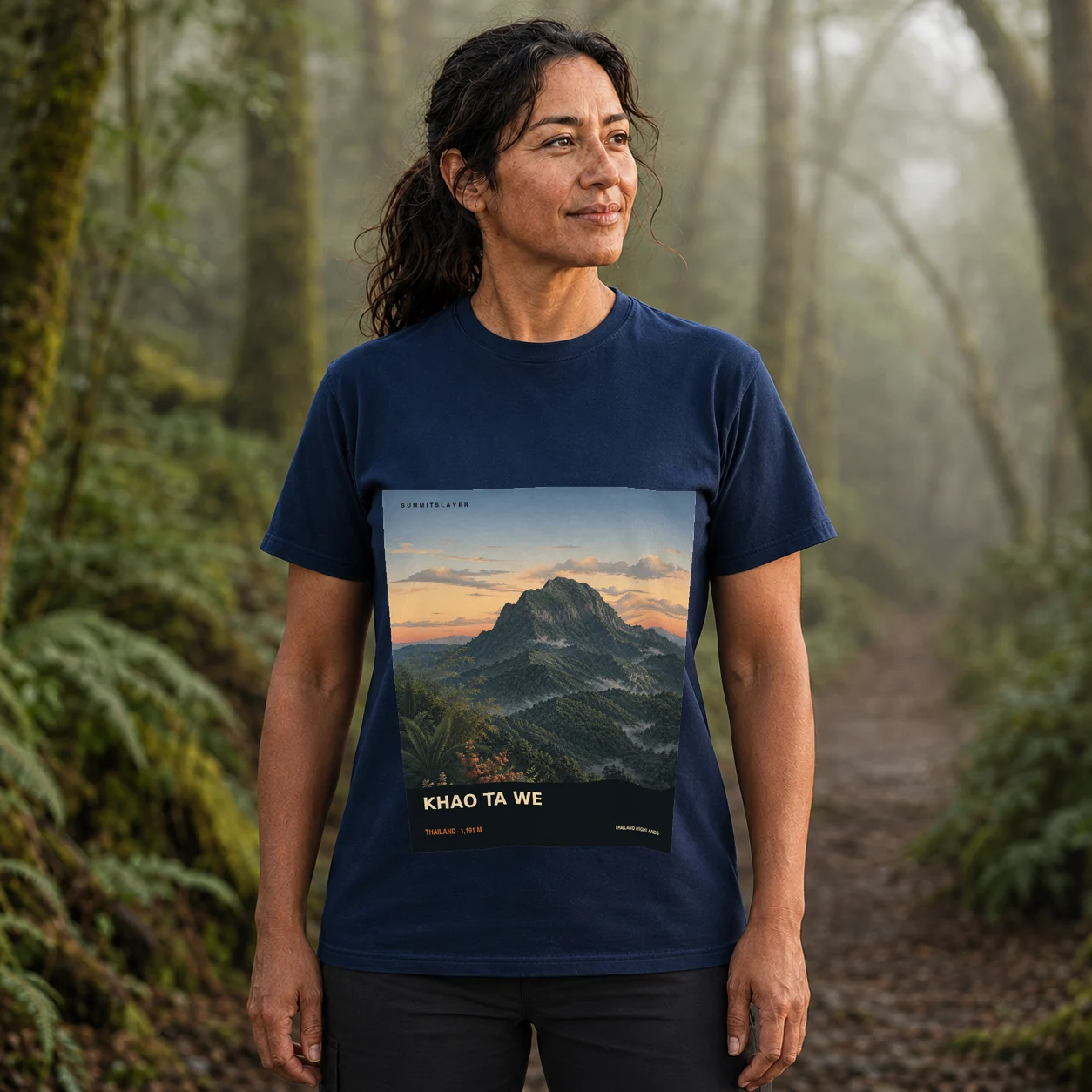 Navy KHAO TA WE T-shirt front with mountain artwork