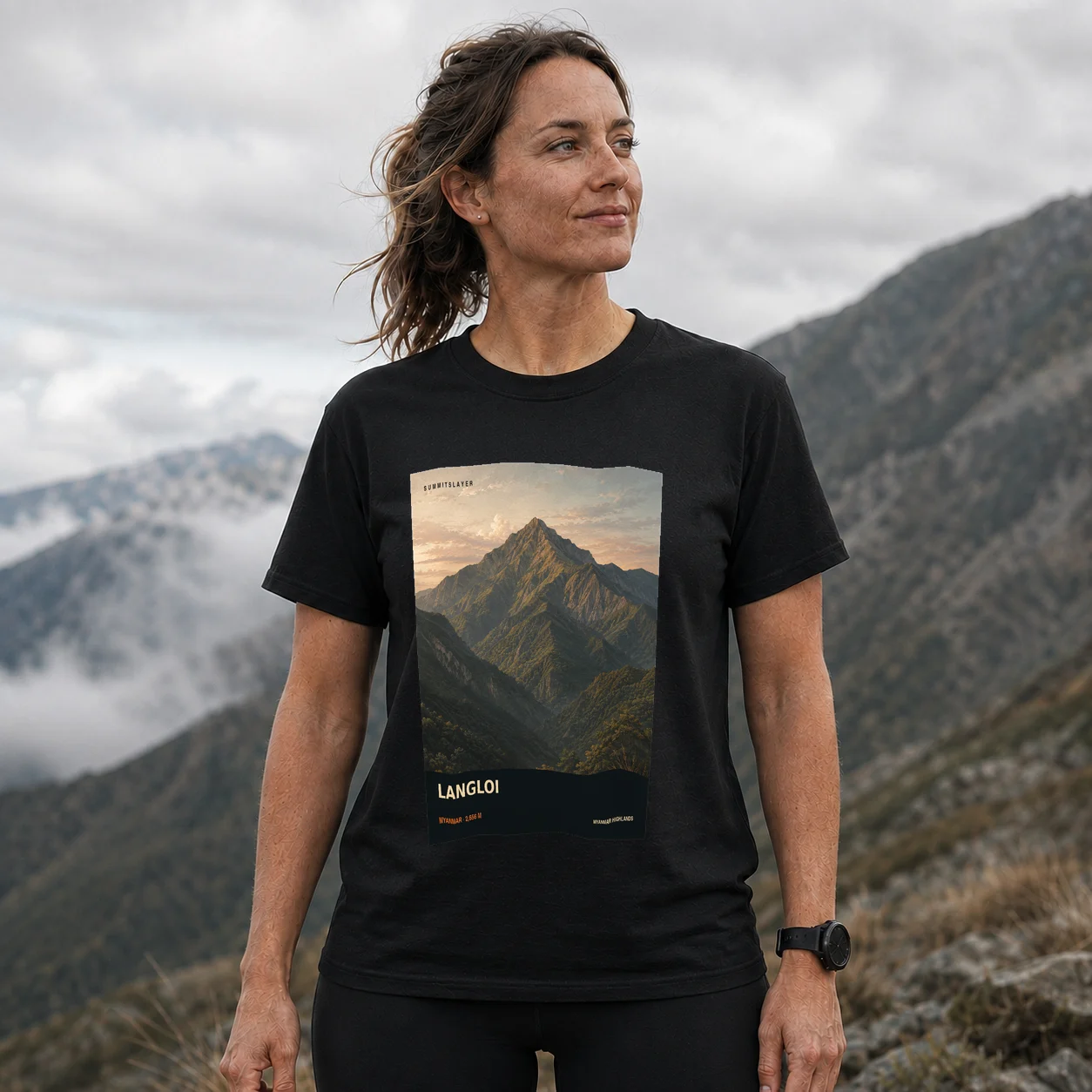 Black Langloi T-shirt front with mountain artwork