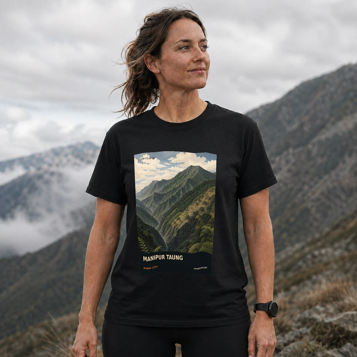 Black MANIPUR TAUNG T-shirt front with mountain artwork