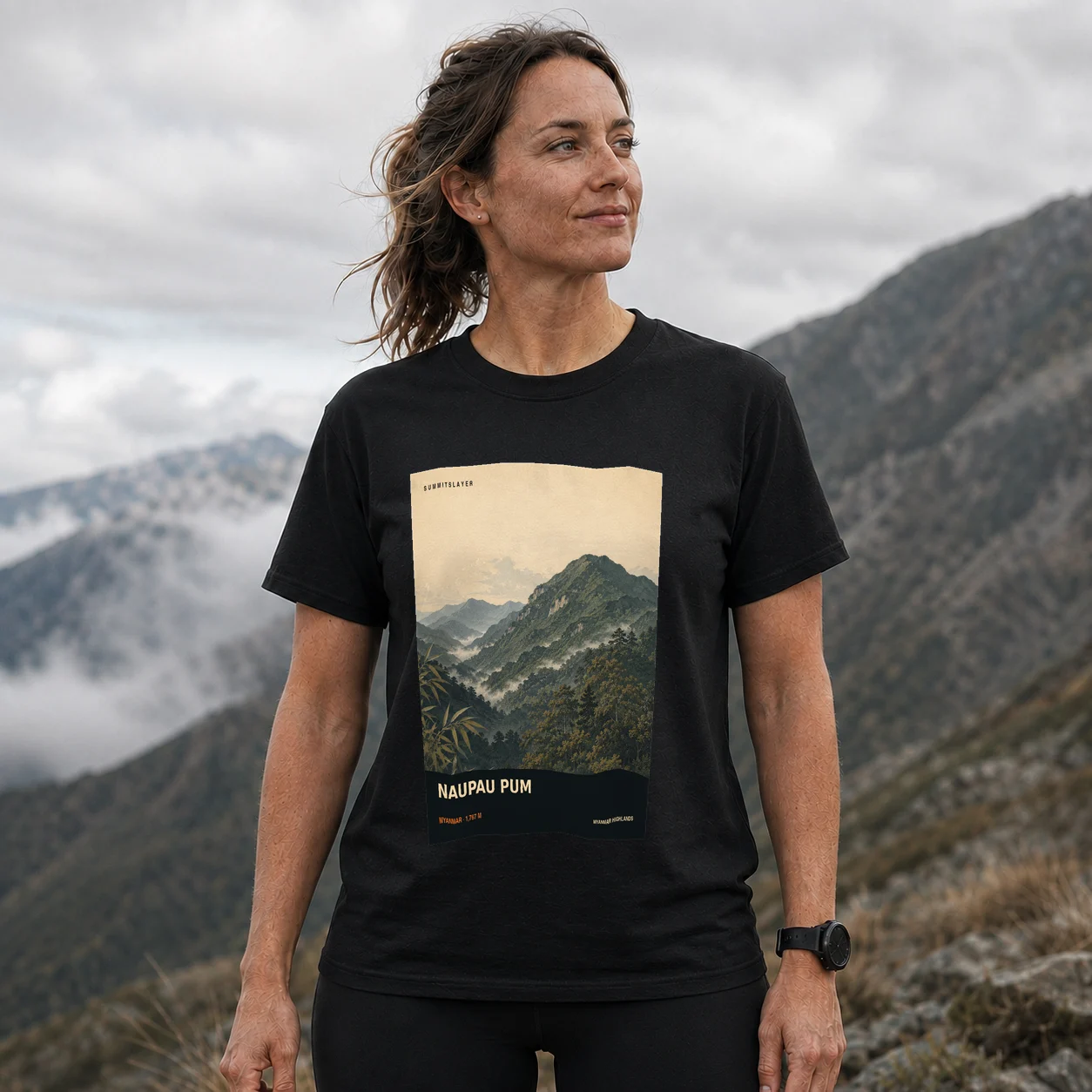 Black Naupau Pum T-shirt front with mountain artwork