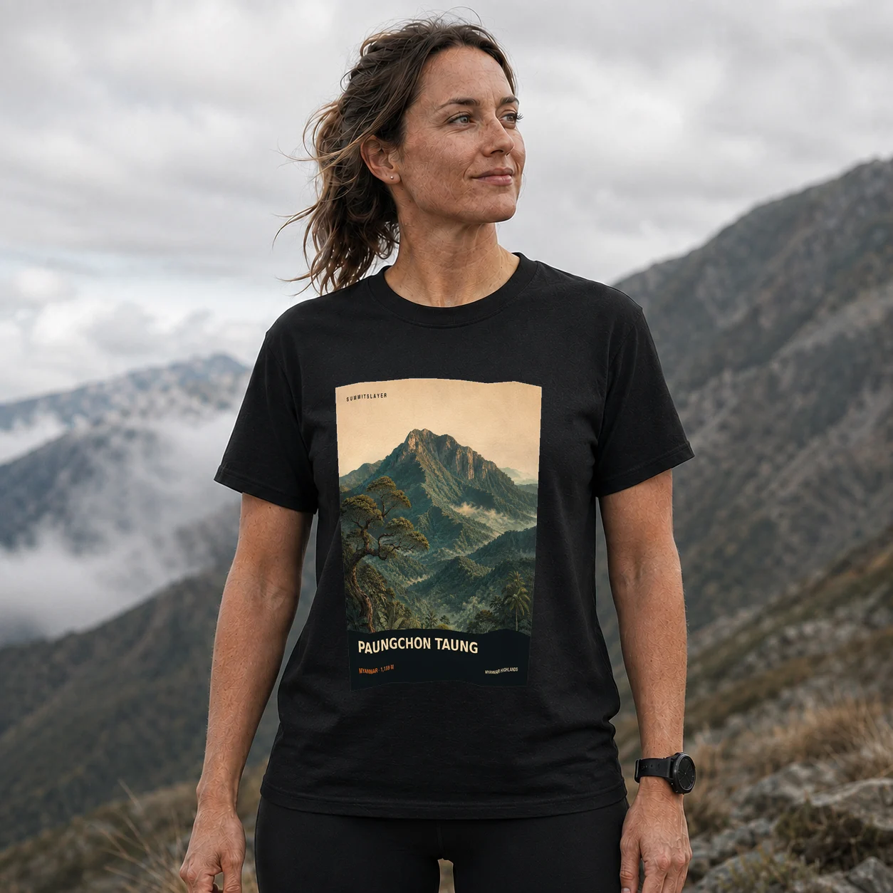 Black PAUNGCHON TAUNG T-shirt front with mountain artwork