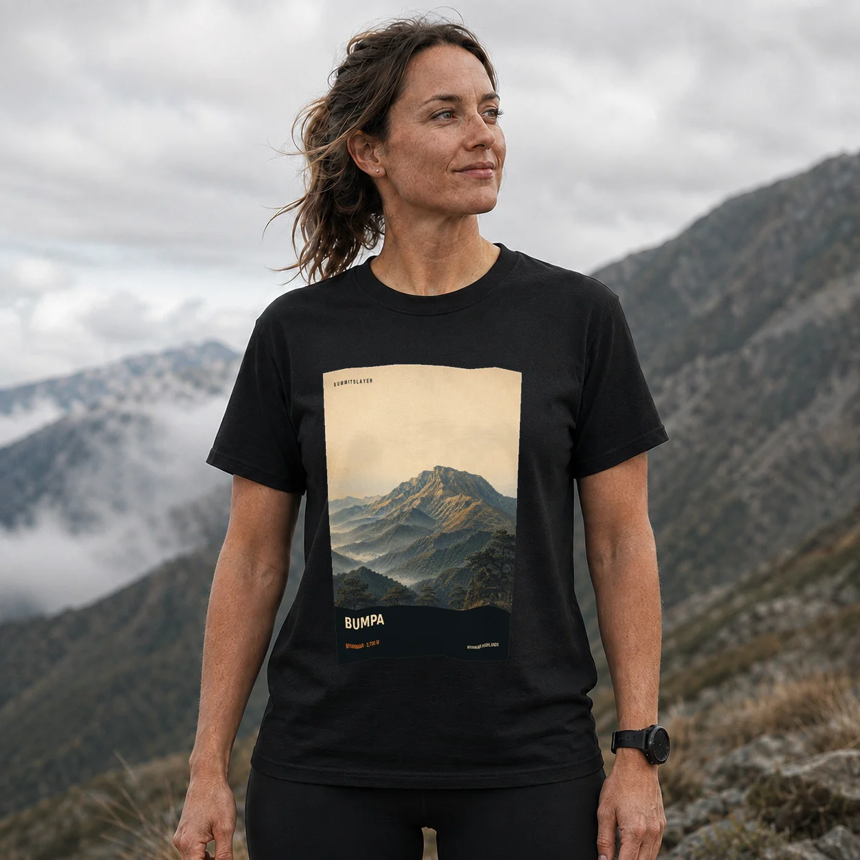Black BUMPA T-shirt front with mountain artwork