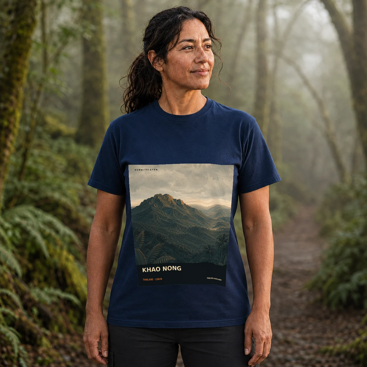 Navy Khao Nong T-shirt front with mountain artwork