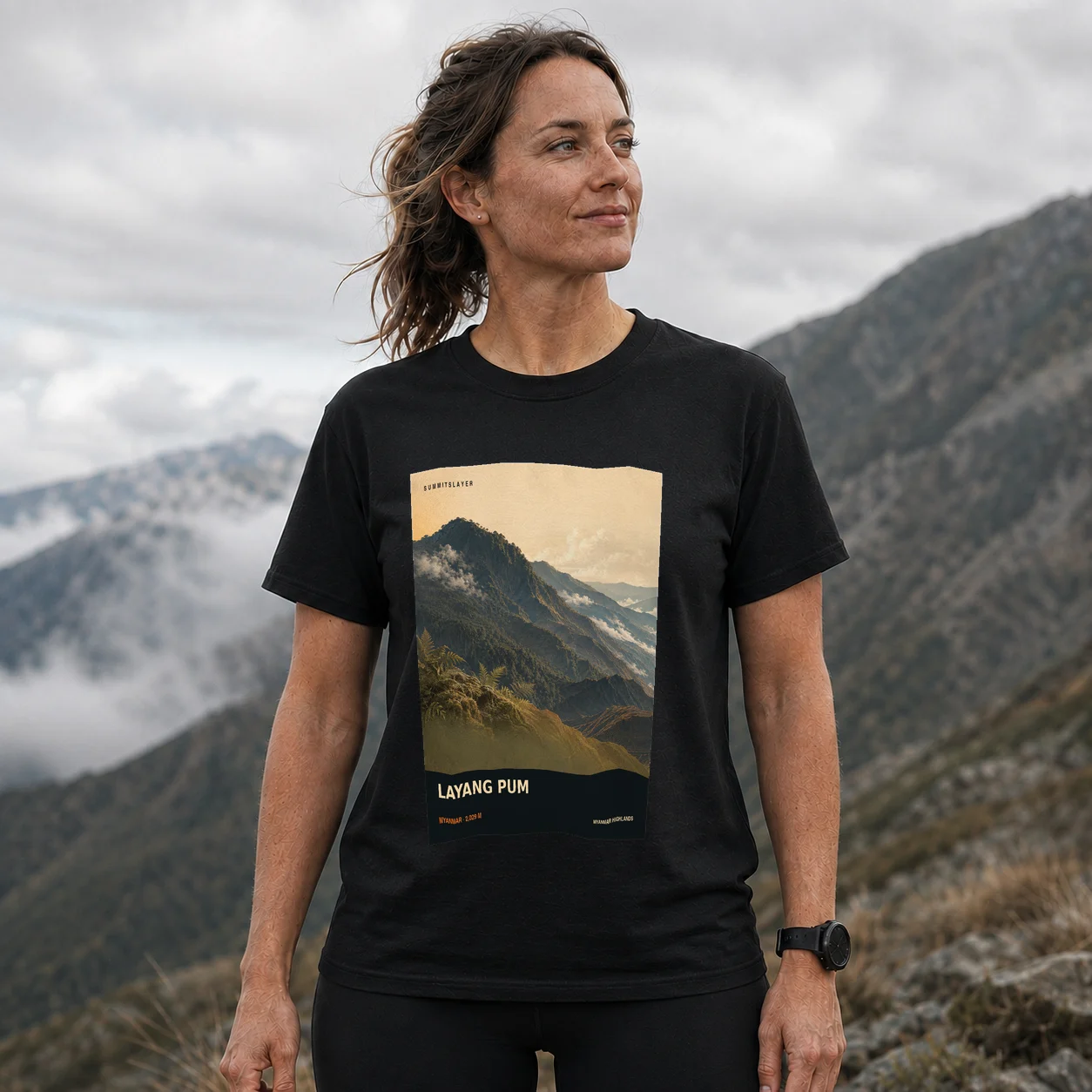 Black LAYANG PUM T-shirt front with mountain artwork