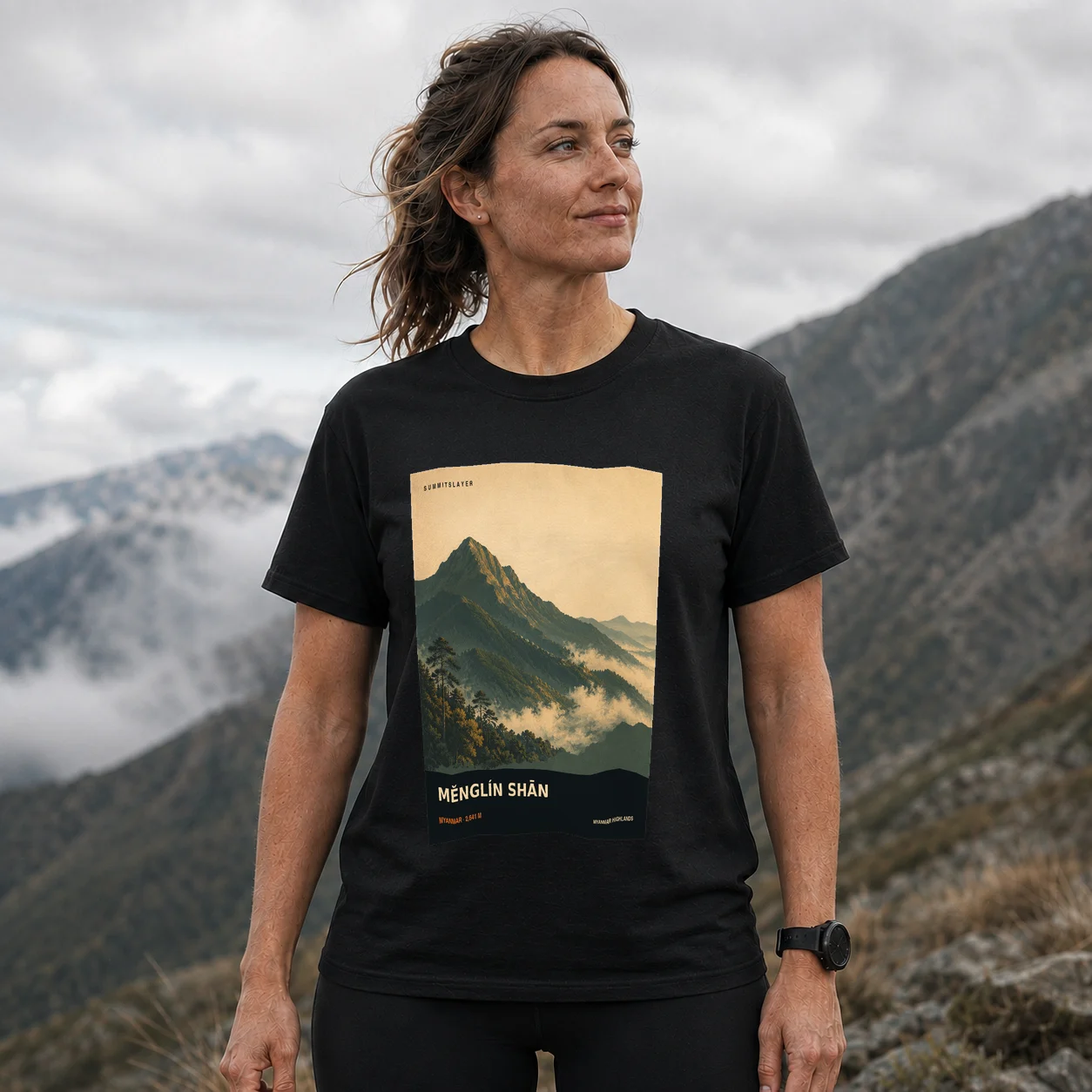 Black MĚNGLÍN SHĀN T-shirt front with mountain artwork