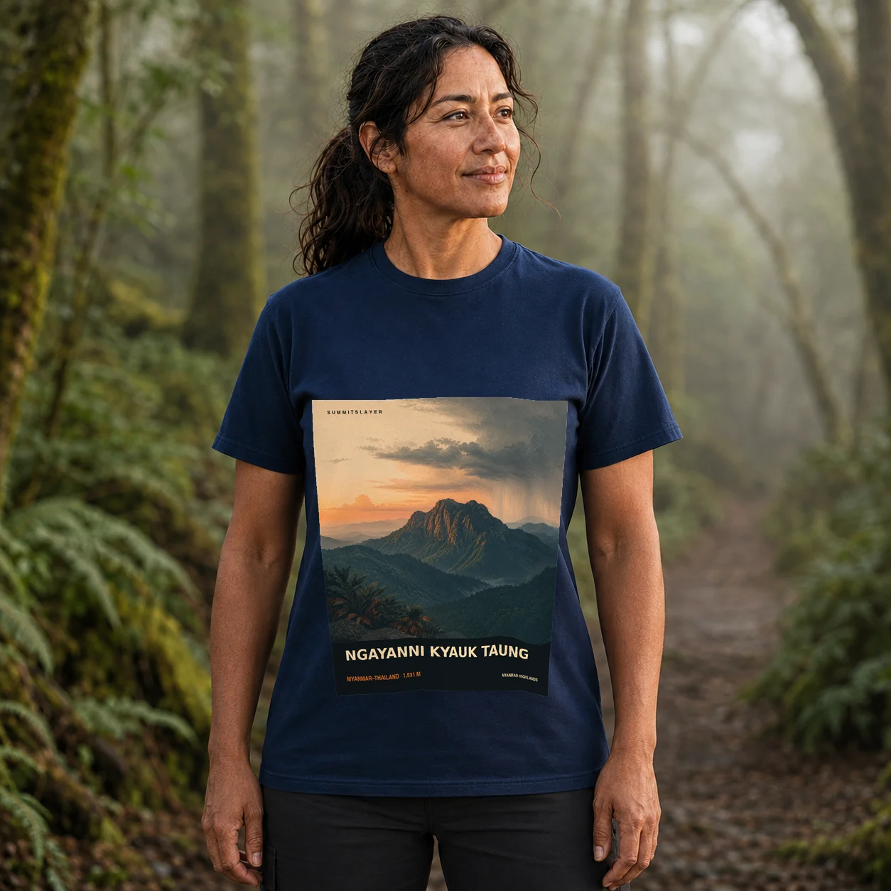 Navy Ngayanni Kyauk Taung T-shirt front with mountain artwork