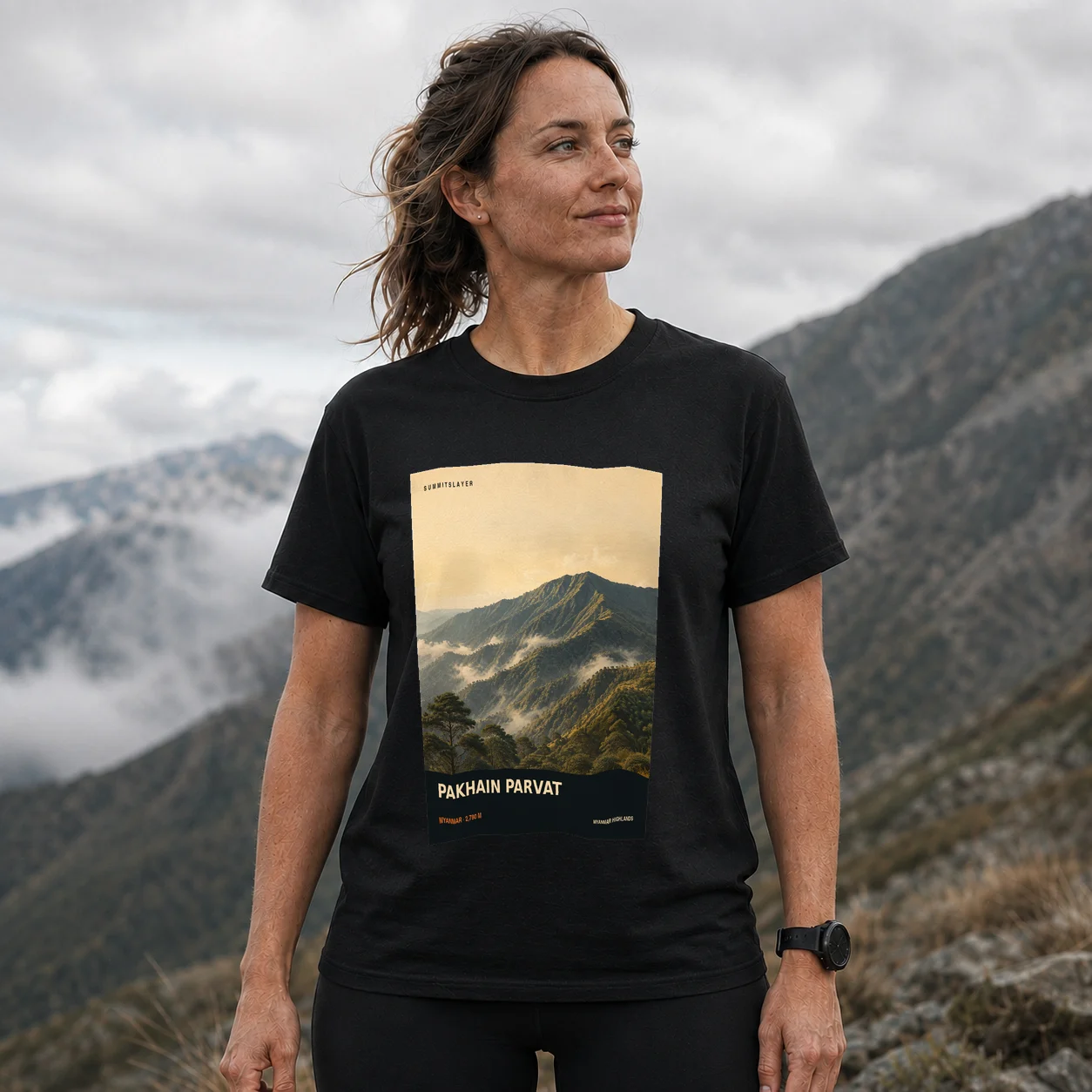 Black PAKHAIN PARVAT T-shirt front with mountain artwork