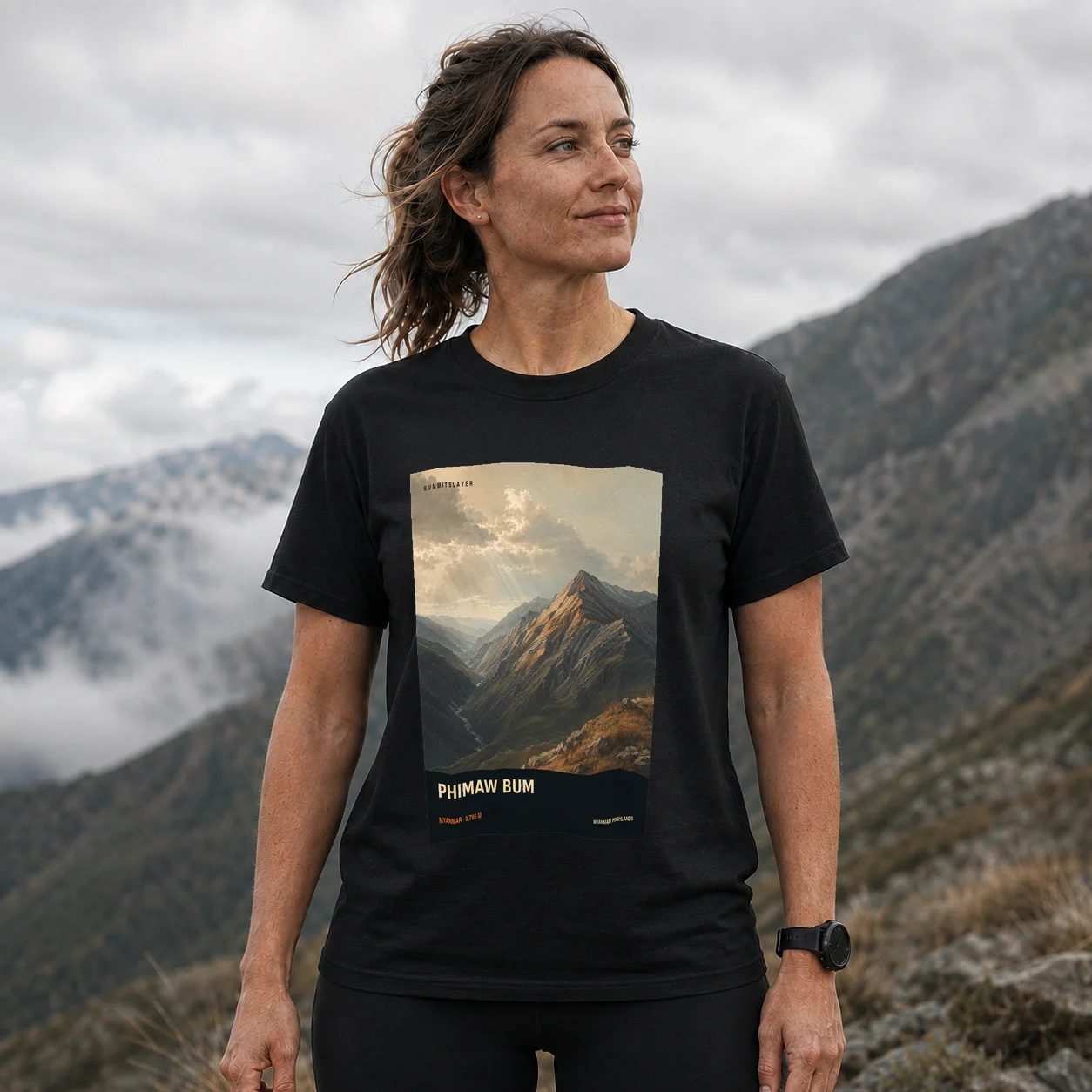 Black PHIMAW BUM T-shirt front with mountain artwork