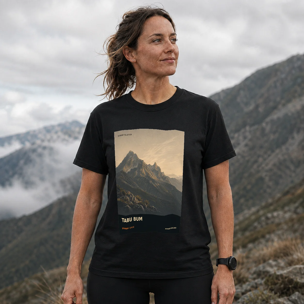 Black TABU BUM T-shirt front with mountain artwork