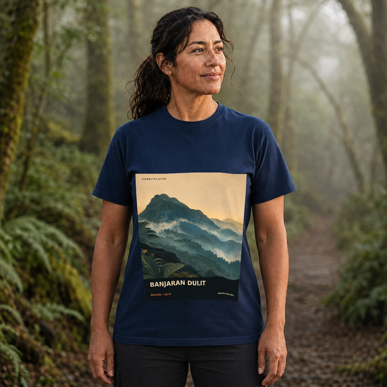 Navy BANJARAN DULIT T-shirt front with mountain artwork