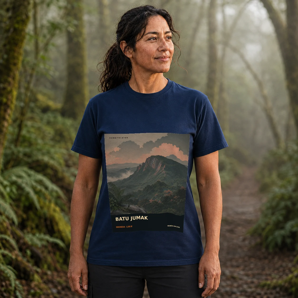 Navy BATU JUMAK T-shirt front with mountain artwork