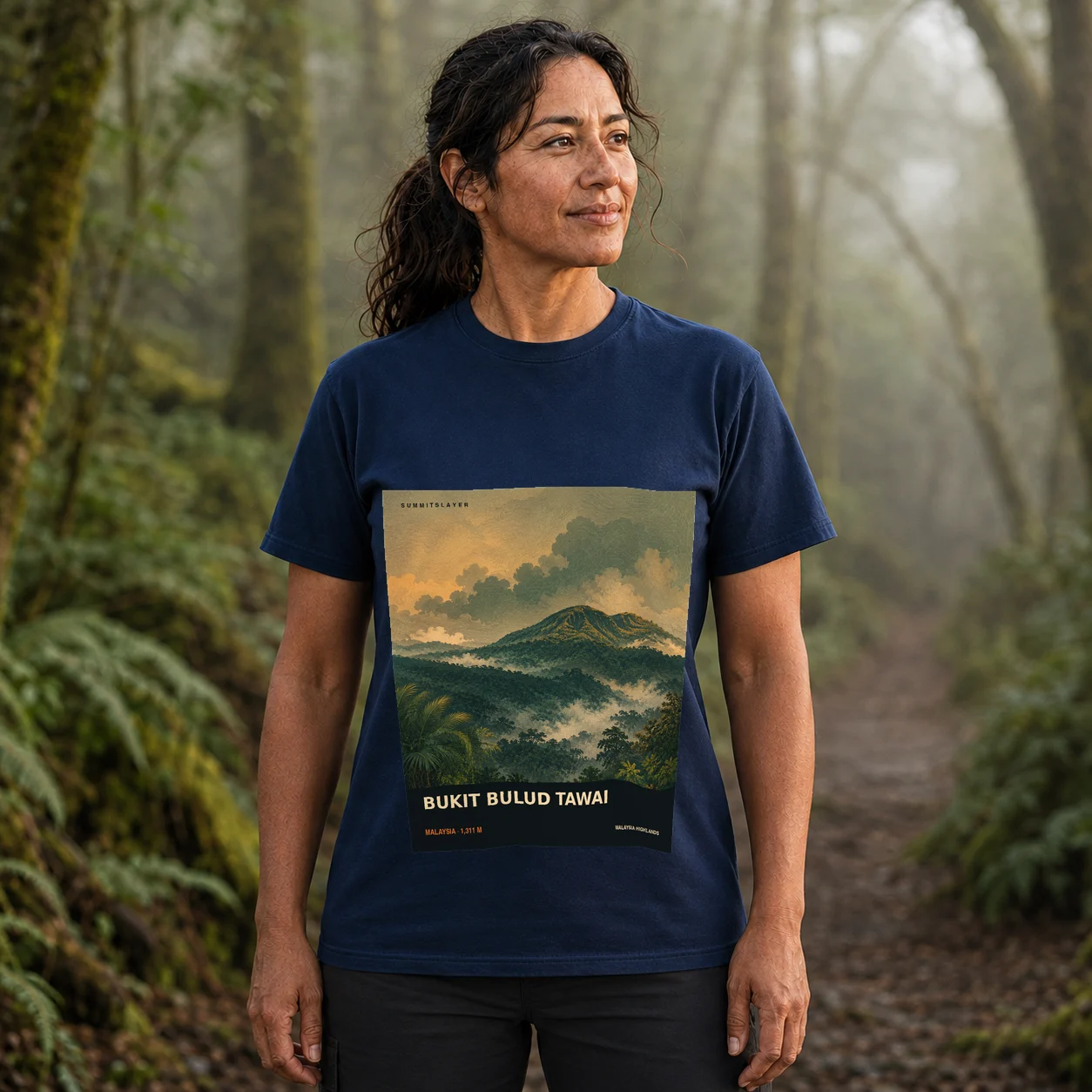 Navy BUKIT BULUD TAWAI T-shirt front with mountain artwork