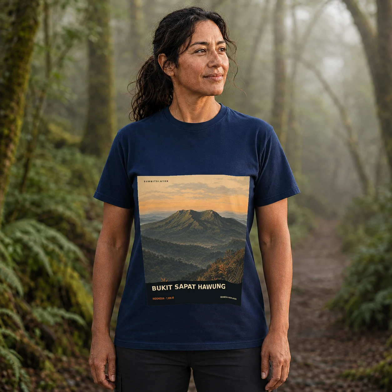 Navy BUKIT SAPAT HAWUNG T-shirt front with mountain artwork
