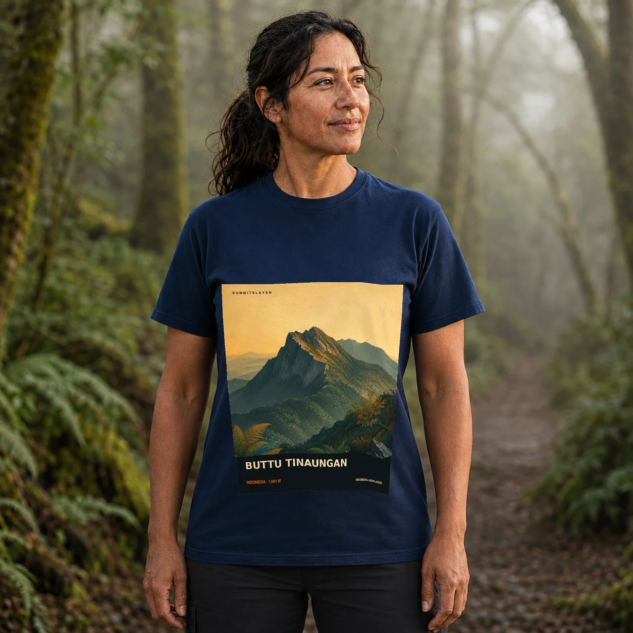Navy BUTTU TINAUNGAN T-shirt front with mountain artwork