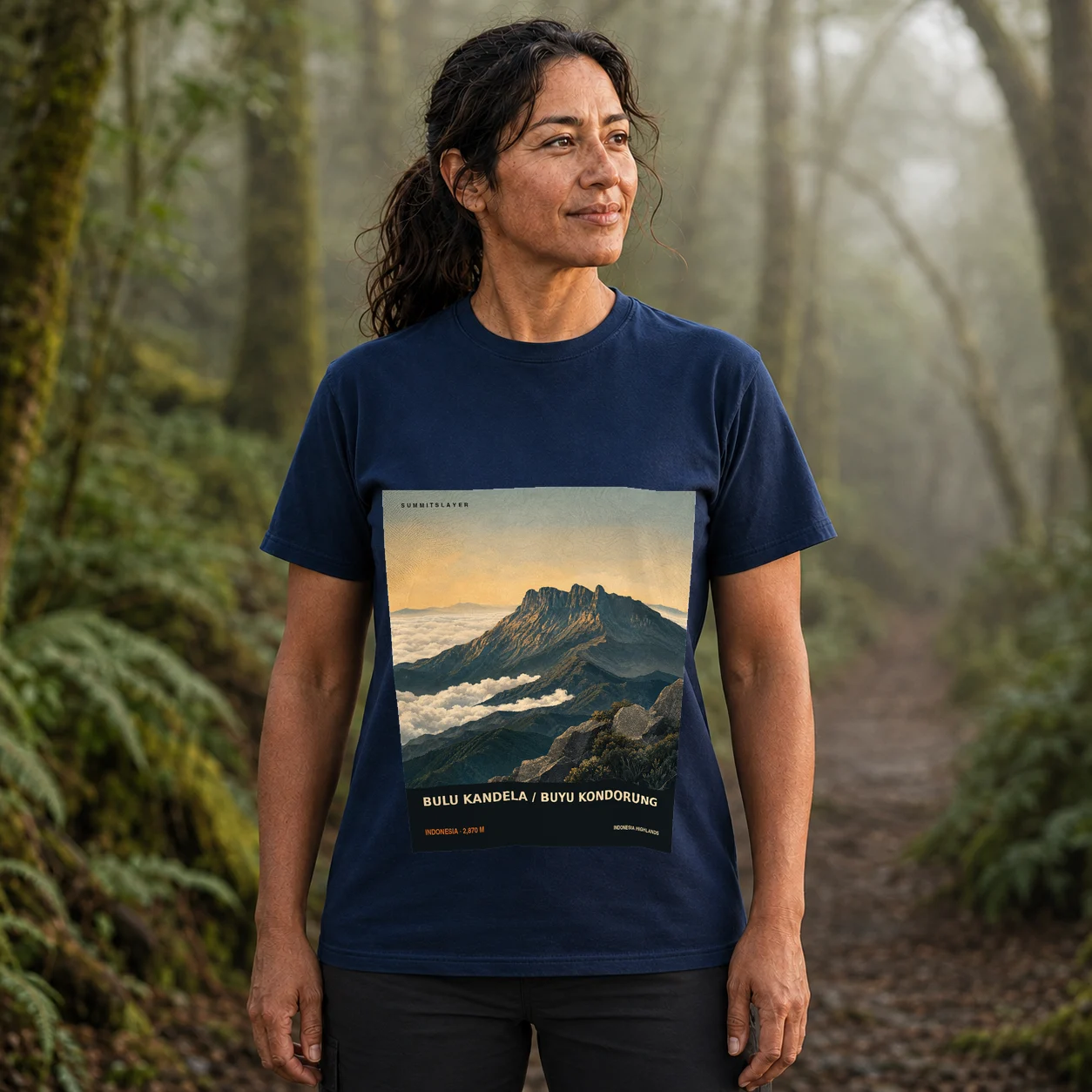 Navy Buyu Kondorung T-shirt front with mountain artwork