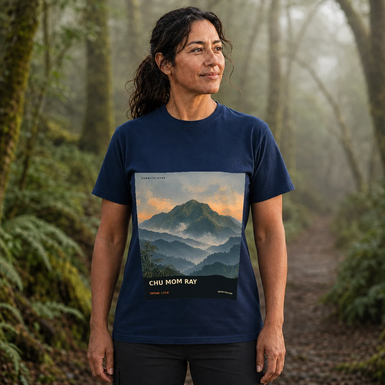 Navy CHU MOM RAY T-shirt front with mountain artwork