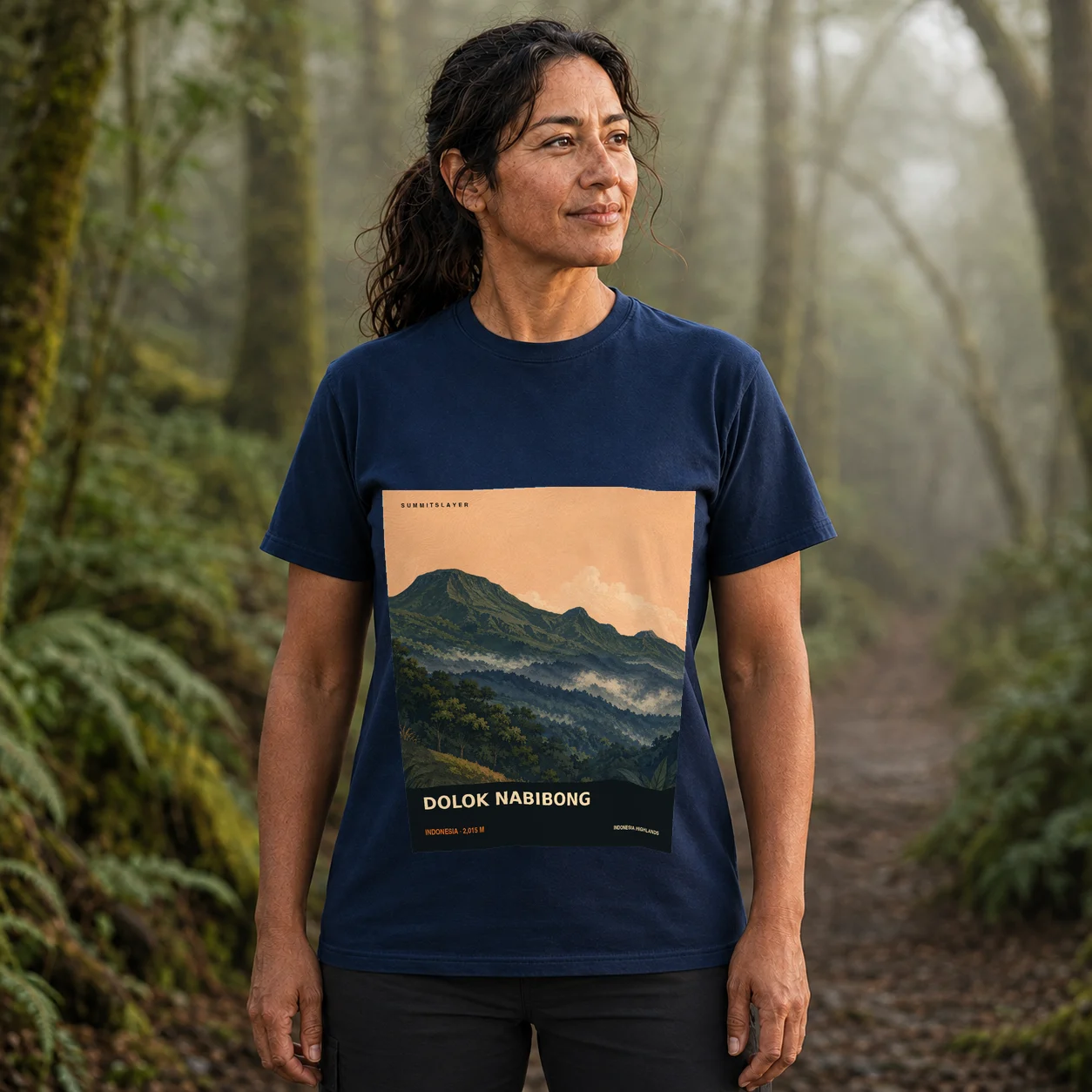 Navy Dolok Tampulonanjing T-shirt front with mountain artwork