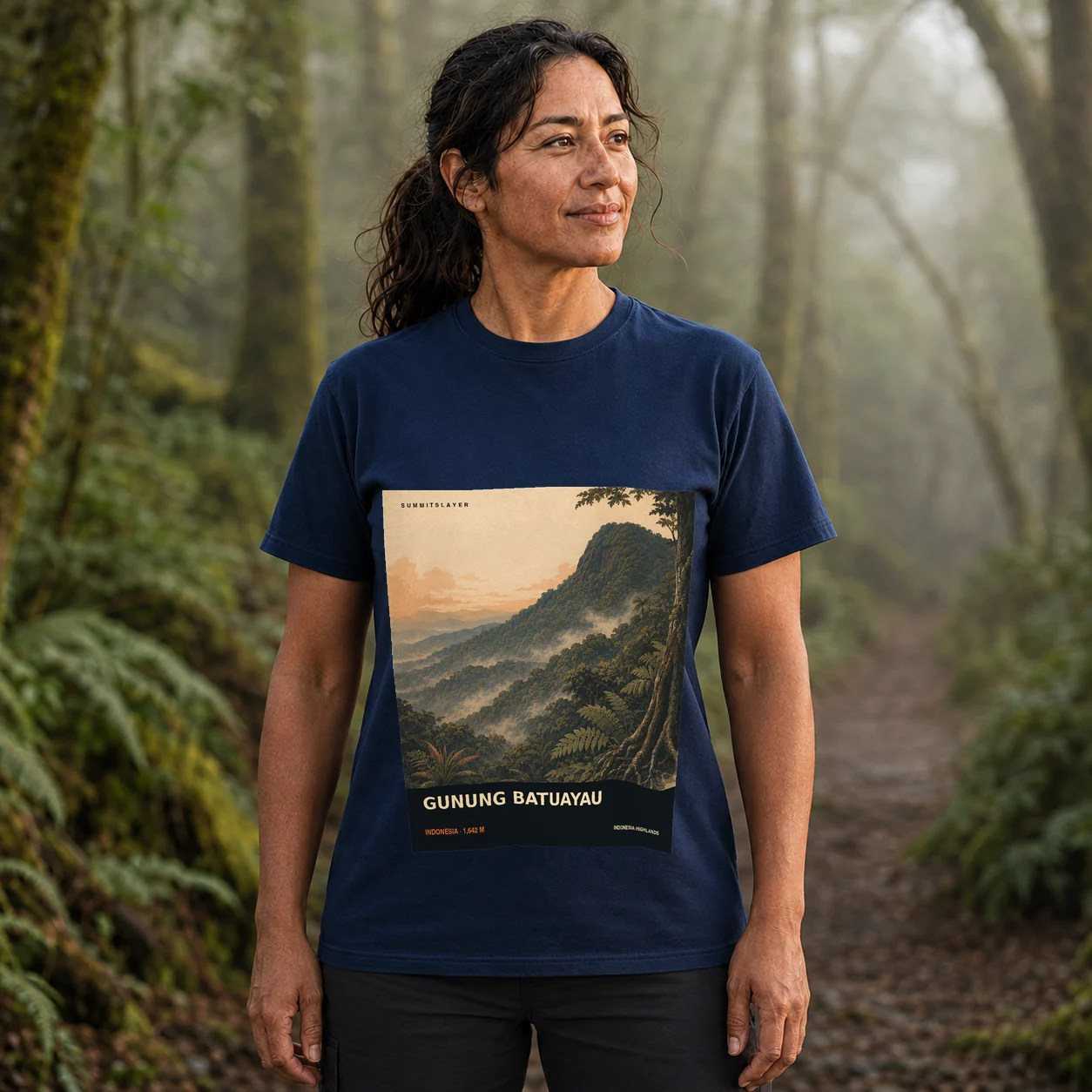 Navy GUNUNG BATUAYAU T-shirt front with mountain artwork