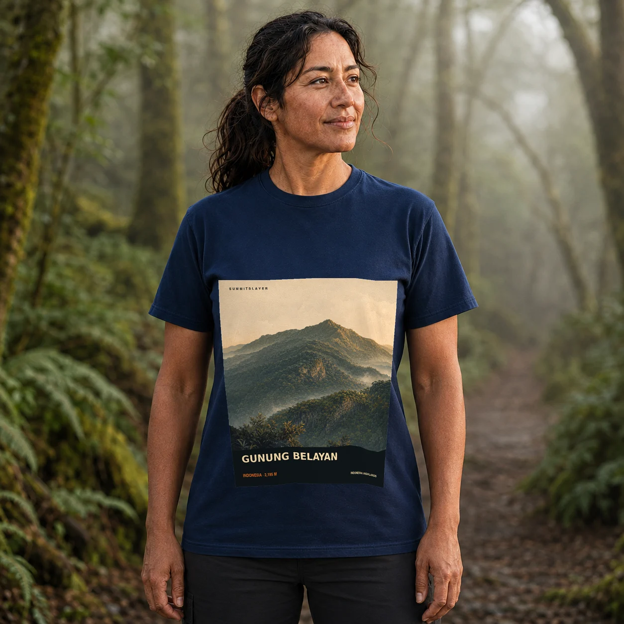 Navy GUNUNG BELAYAN T-shirt front with mountain artwork