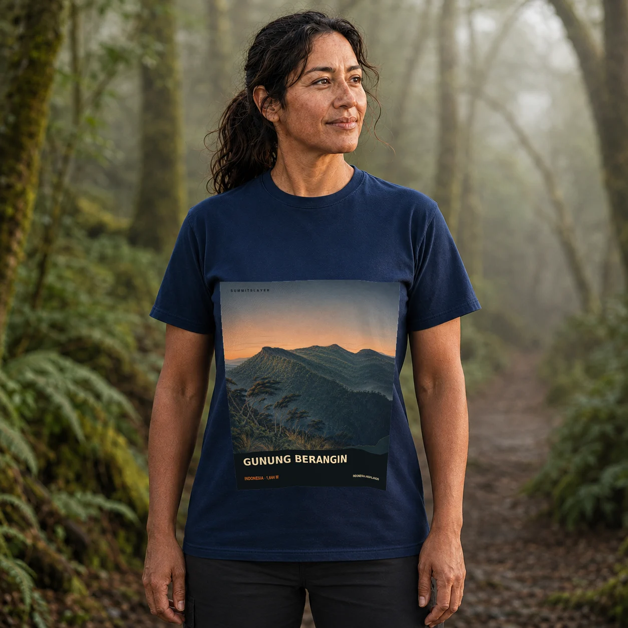 Navy GUNUNG BERANGIN T-shirt front with mountain artwork