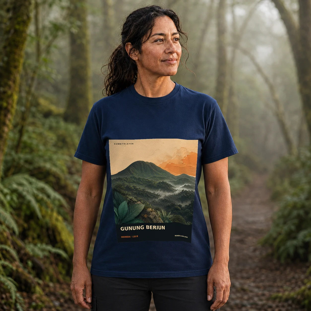 Navy GUNUNG BERIUN T-shirt front with mountain artwork