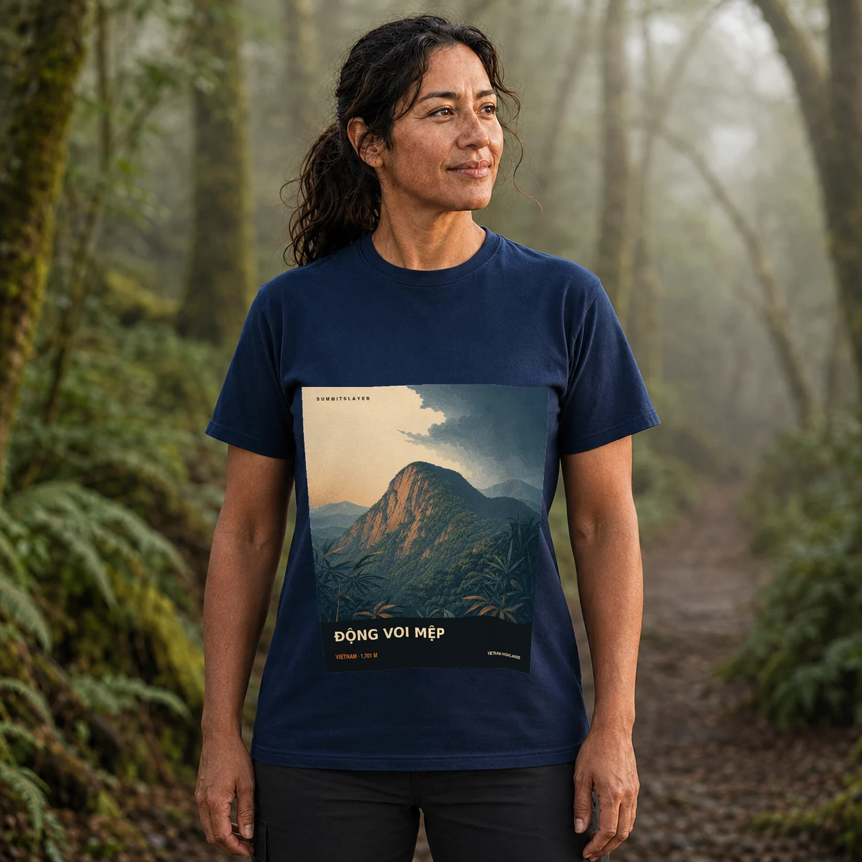 Navy ĐỘNG VOI MỆP T-shirt front with mountain artwork