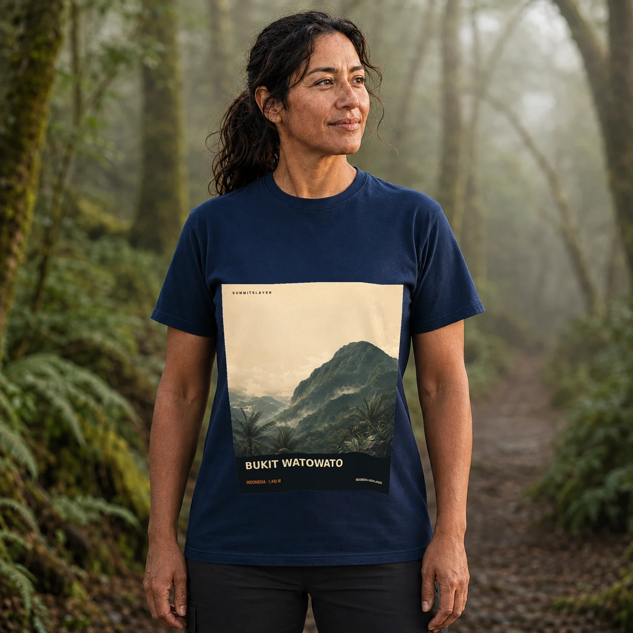 Navy Buku Watowato T-shirt front with mountain artwork