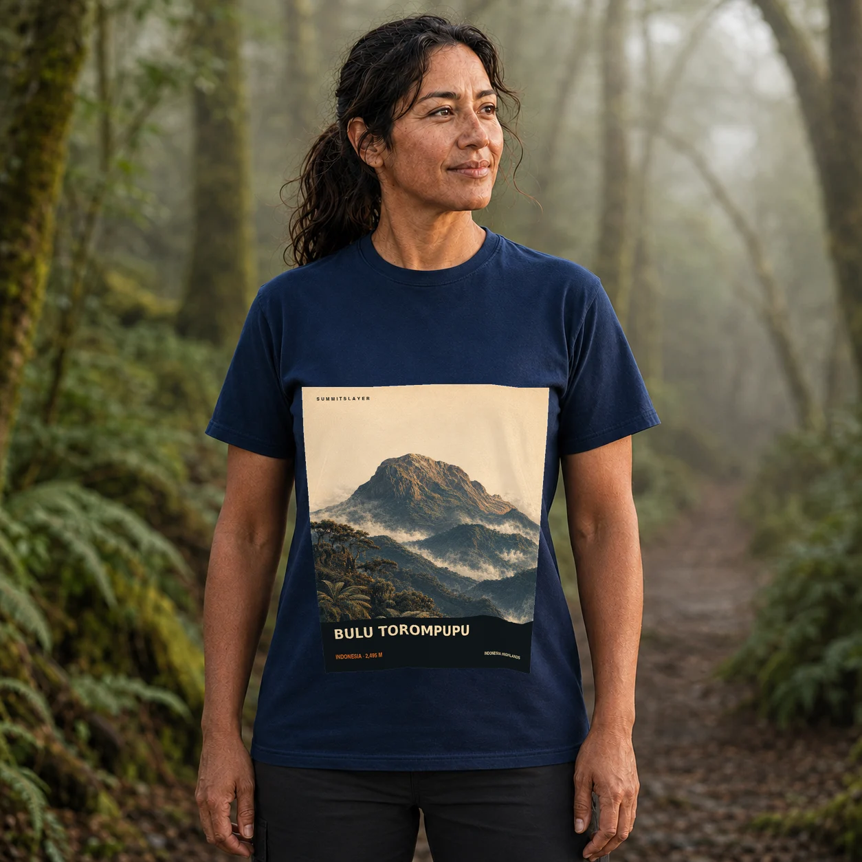 Navy Bulu Torompupu T-shirt front with mountain artwork