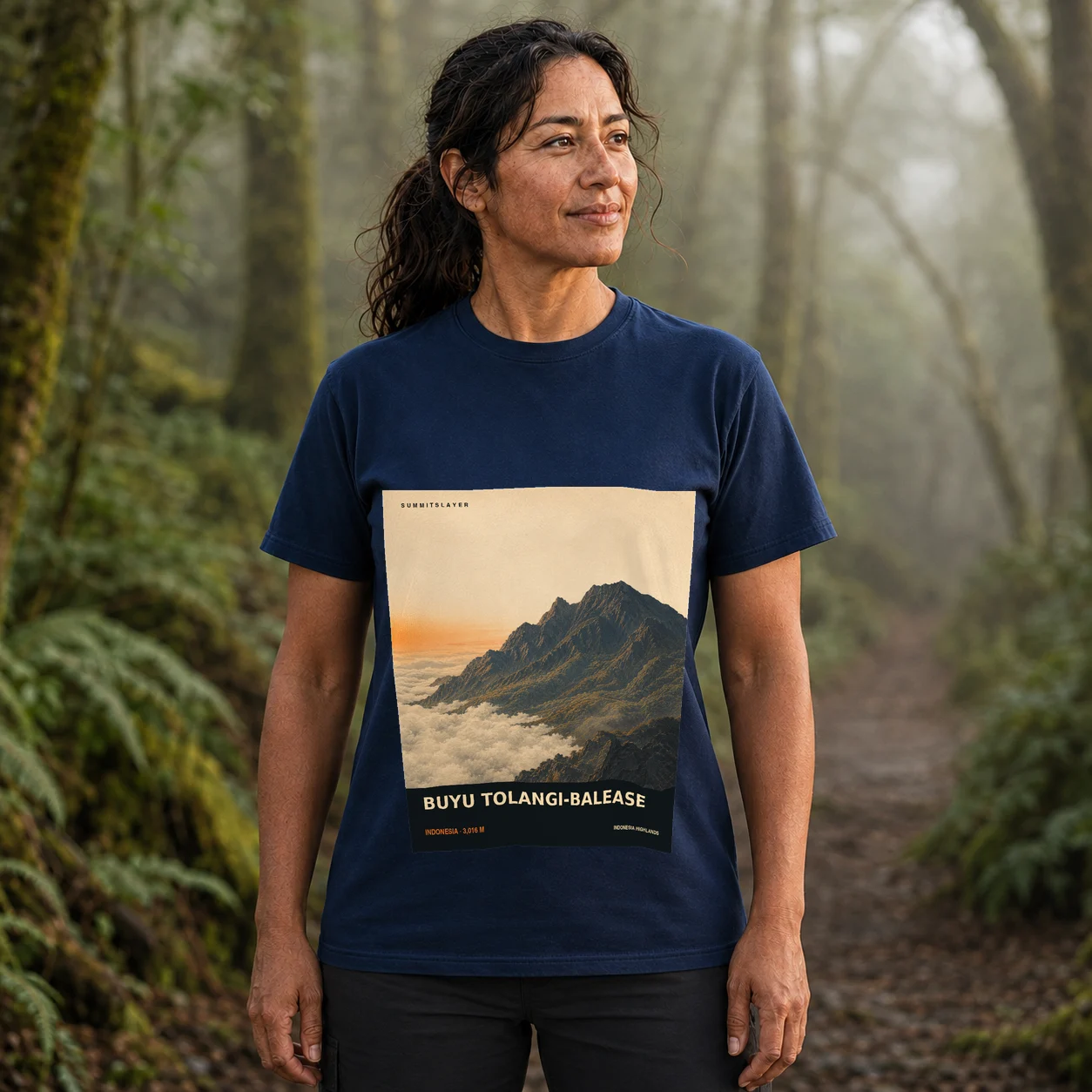 Navy Buyu Balease T-shirt front with mountain artwork